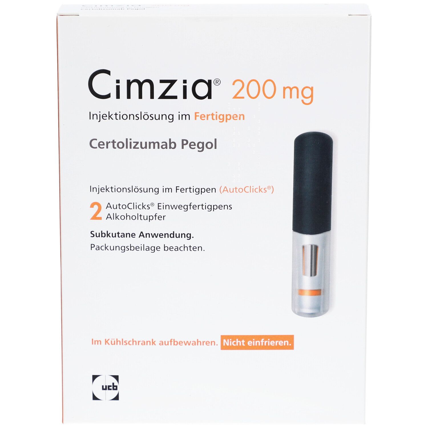 Weiße Verpackung mit Cimzia 200 mg. Fertigpen und Text. Enthält 2 Alkoholtupfer. UCB Logo.