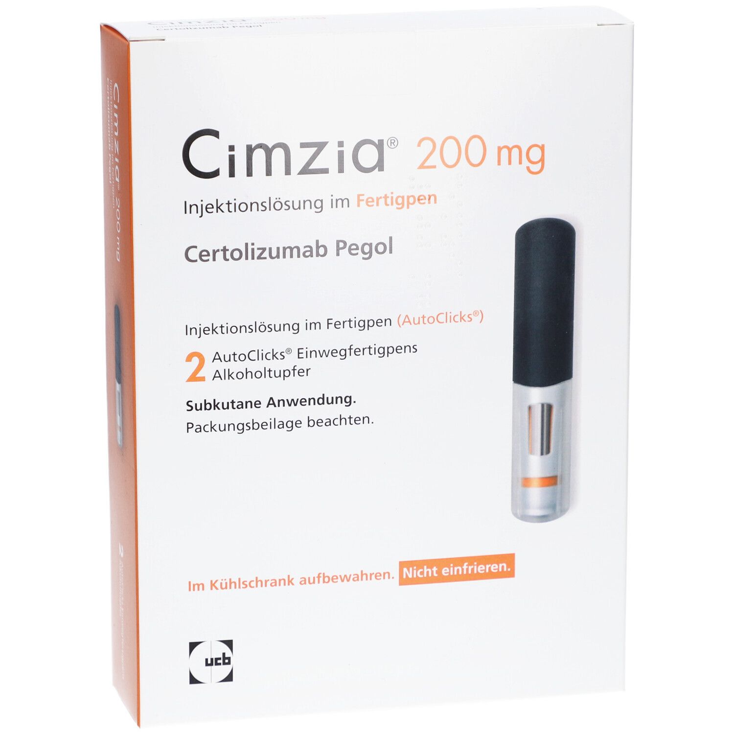 Weiße Verpackung mit Cimzia 200 mg. Fertigpen und Text. Enthält 2 Alkoholtupfer. UCB Logo.
