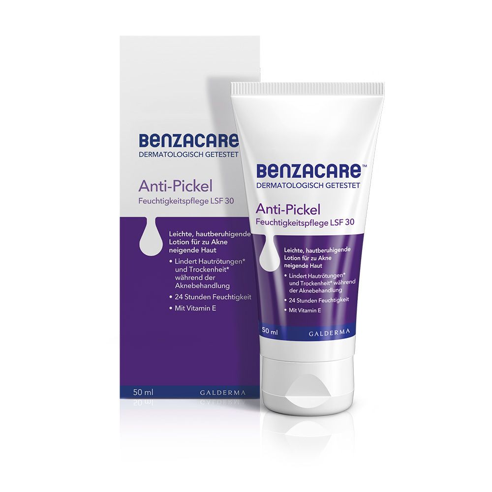 BENZACARE™ Anti-Pickel Feuchtigkeitspflege LSF 30. Weiße Tube und Schachtel. Produktname und Logo sichtbar.