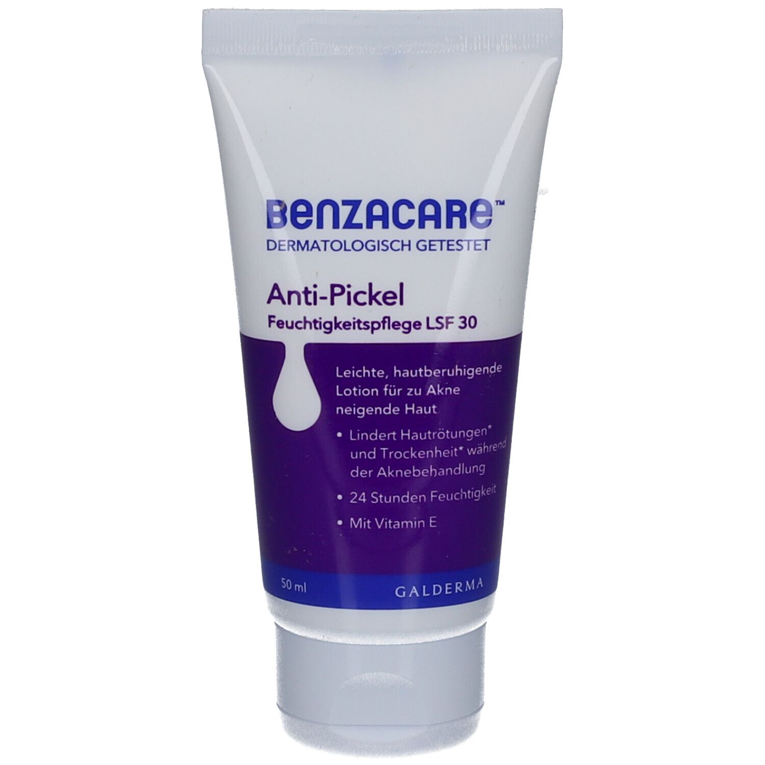 Weiße Tube mit lila Akzenten. Aufschrift: BENZACARE Anti-Pickel Feuchtigkeitspflege LSF 30. Galderma Logo.