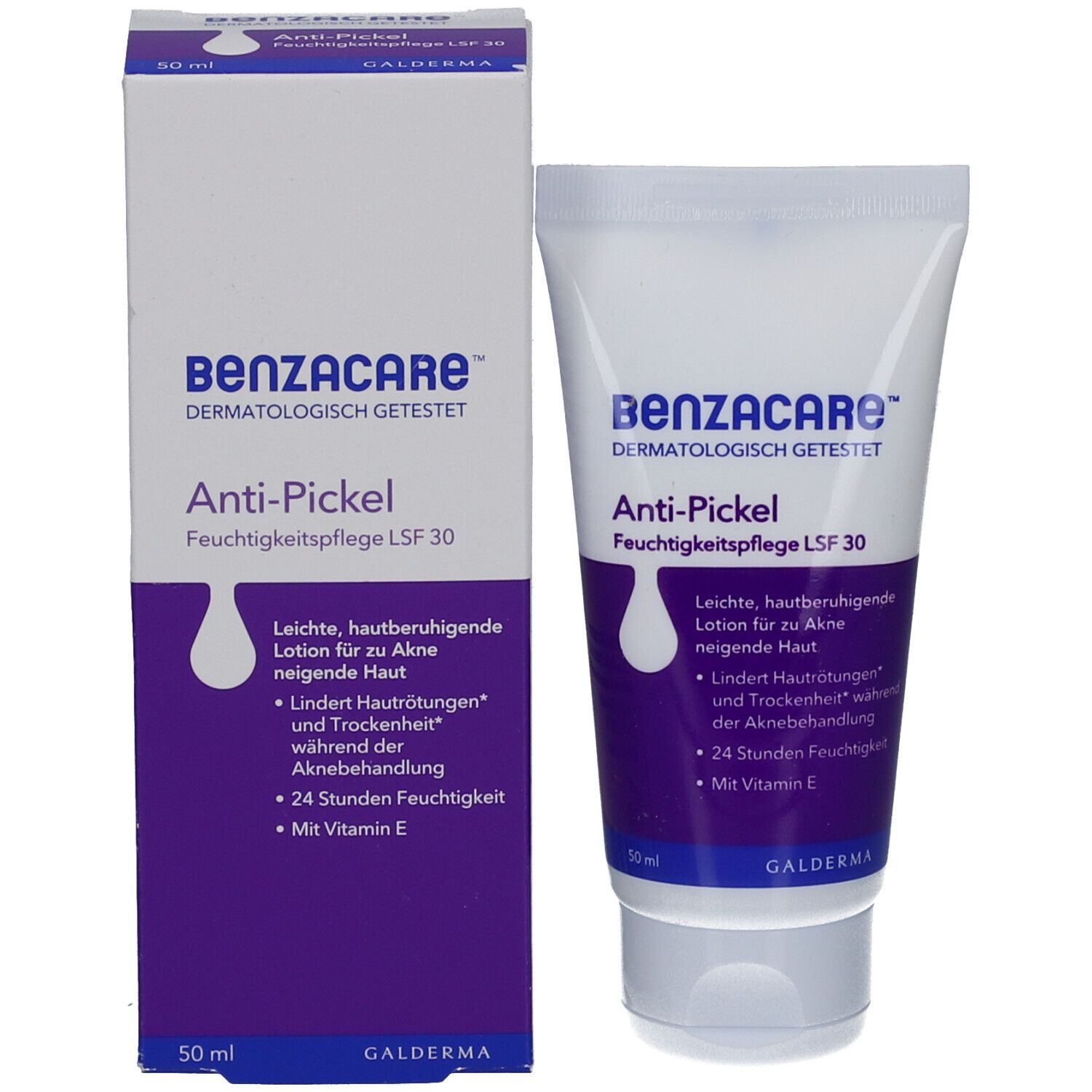 Produktverpackung: Tube und Schachtel. Aufschrift: BENZACARE Anti-Pickel Feuchtigkeitspflege LSF 30. Galderma Logo.