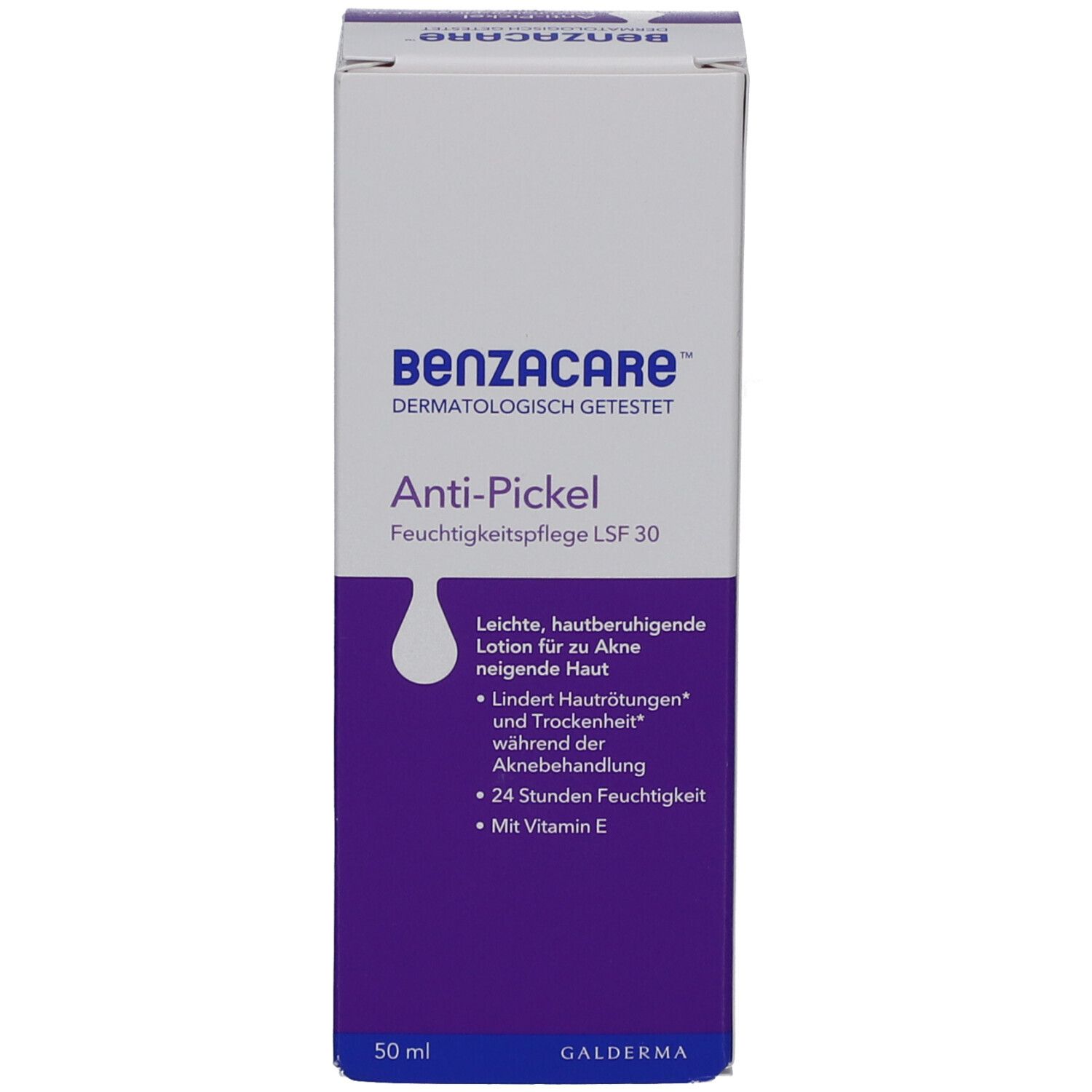 Vorderseite der Schachtel. Aufschrift: BENZACARE Anti-Pickel Feuchtigkeitspflege LSF 30. Galderma Logo.