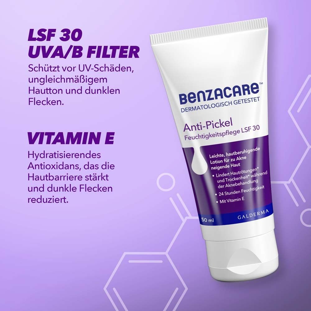 BENZACARE™ Anti-Pickel Feuchtigkeitspflege LSF 30. Produkt und Text über LSF 30 und Vitamin E. Lila Hintergrund.