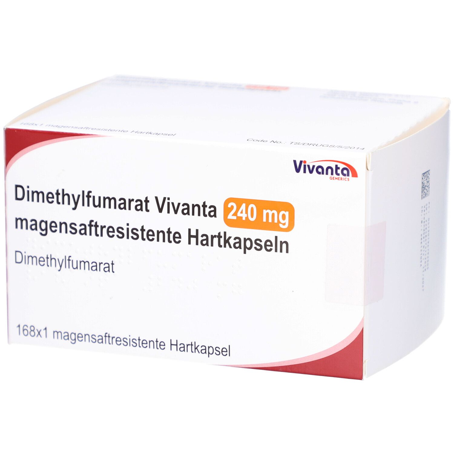 Schachtel mit DIMETHYLFUMARAT Vivanta 240 mg magensaftr. Hartkapseln. Weiße Verpackung mit rotem Akzent und Produktinformationen.