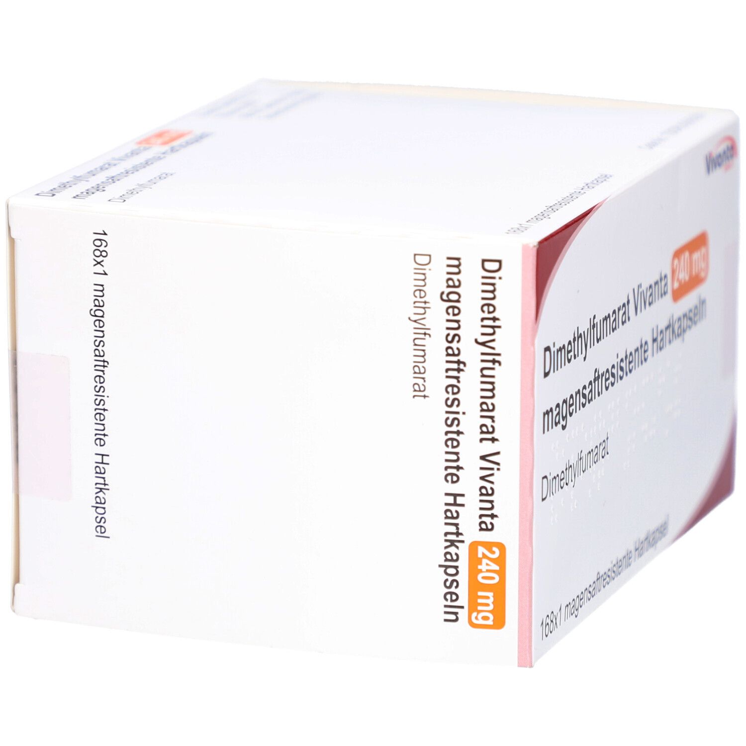 Schachtel mit DIMETHYLFUMARAT Vivanta 240 mg magensaftr. Hartkapseln. Perspektivische Ansicht der weißen Verpackung.