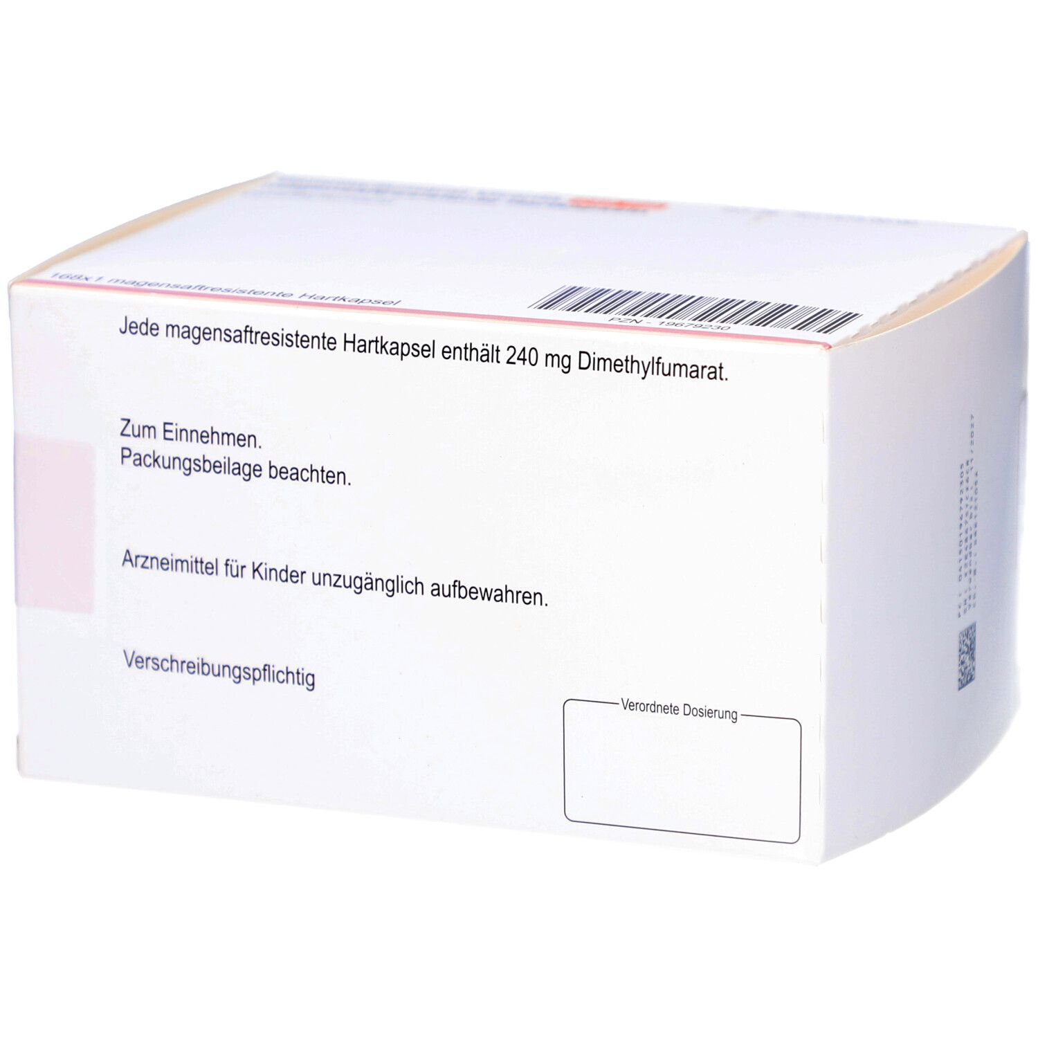 Rückseite der Schachtel mit DIMETHYLFUMARAT Vivanta 240 mg magensaftr. Hartkapseln. Textinformationen und Barcode.
