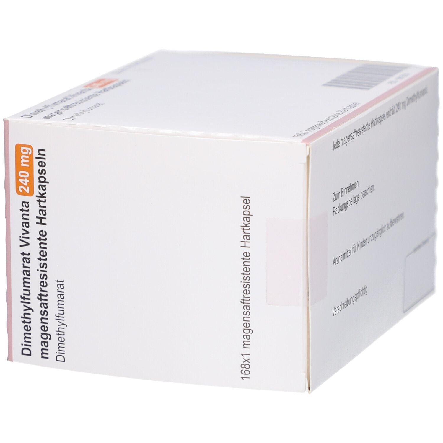 Schachtel mit DIMETHYLFUMARAT Vivanta 240 mg magensaftr. Hartkapseln. Perspektivische Ansicht der weißen Verpackung.
