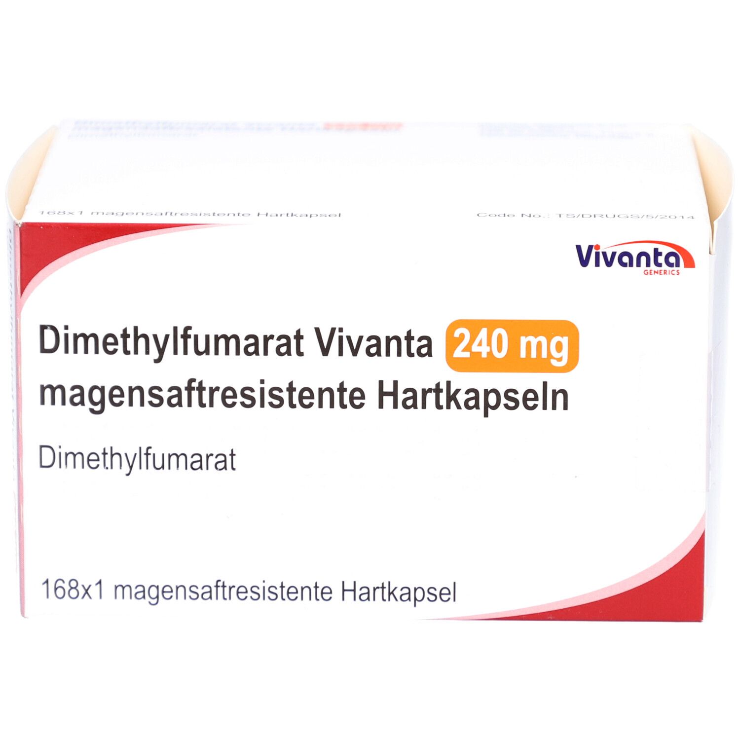 Schachtel mit DIMETHYLFUMARAT Vivanta 240 mg magensaftr. Hartkapseln. Weiße Verpackung mit rotem Akzent und Produktinformationen.