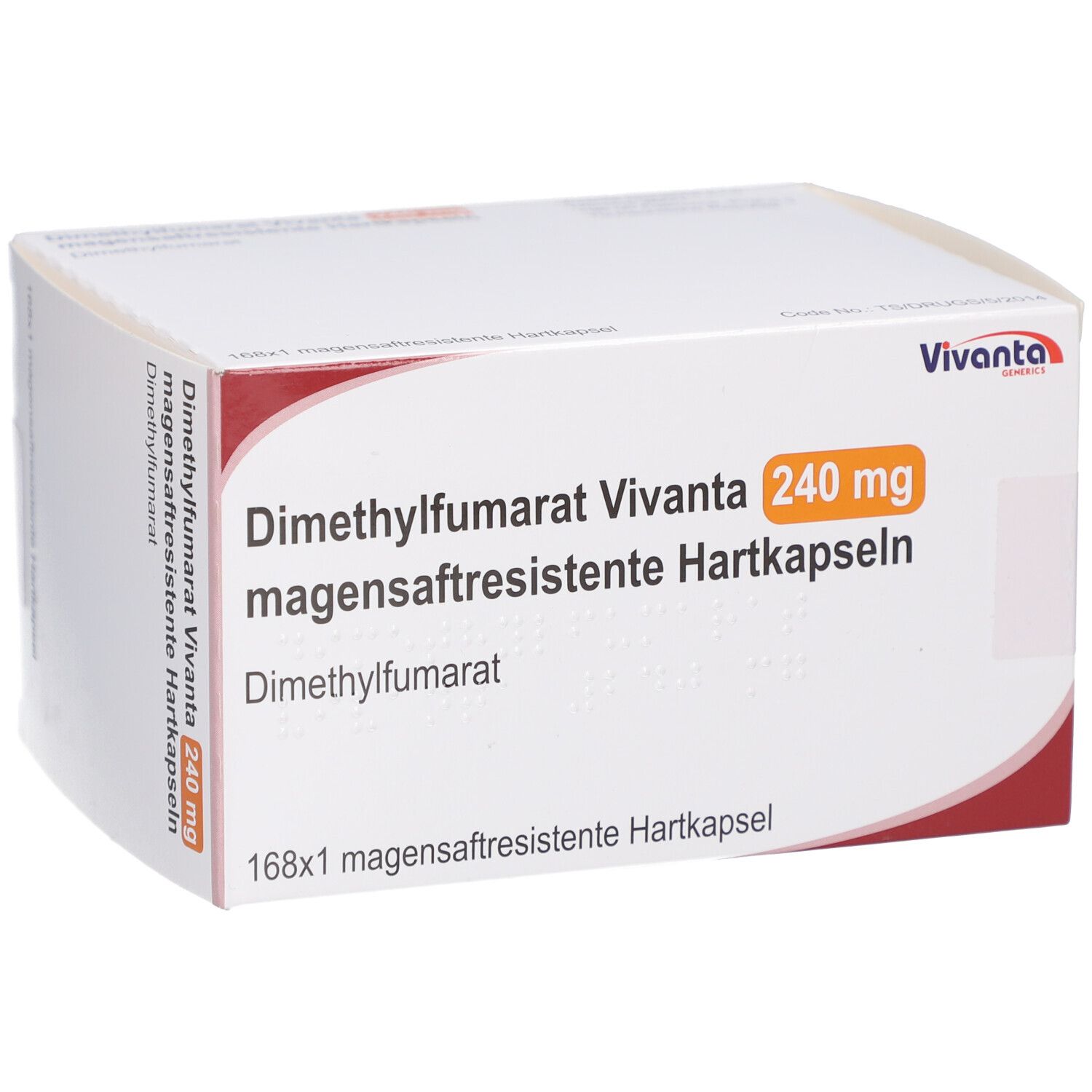 Schachtel mit DIMETHYLFUMARAT Vivanta 240 mg magensaftr. Hartkapseln. Weiße Verpackung mit rotem Akzent und Produktinformationen.
