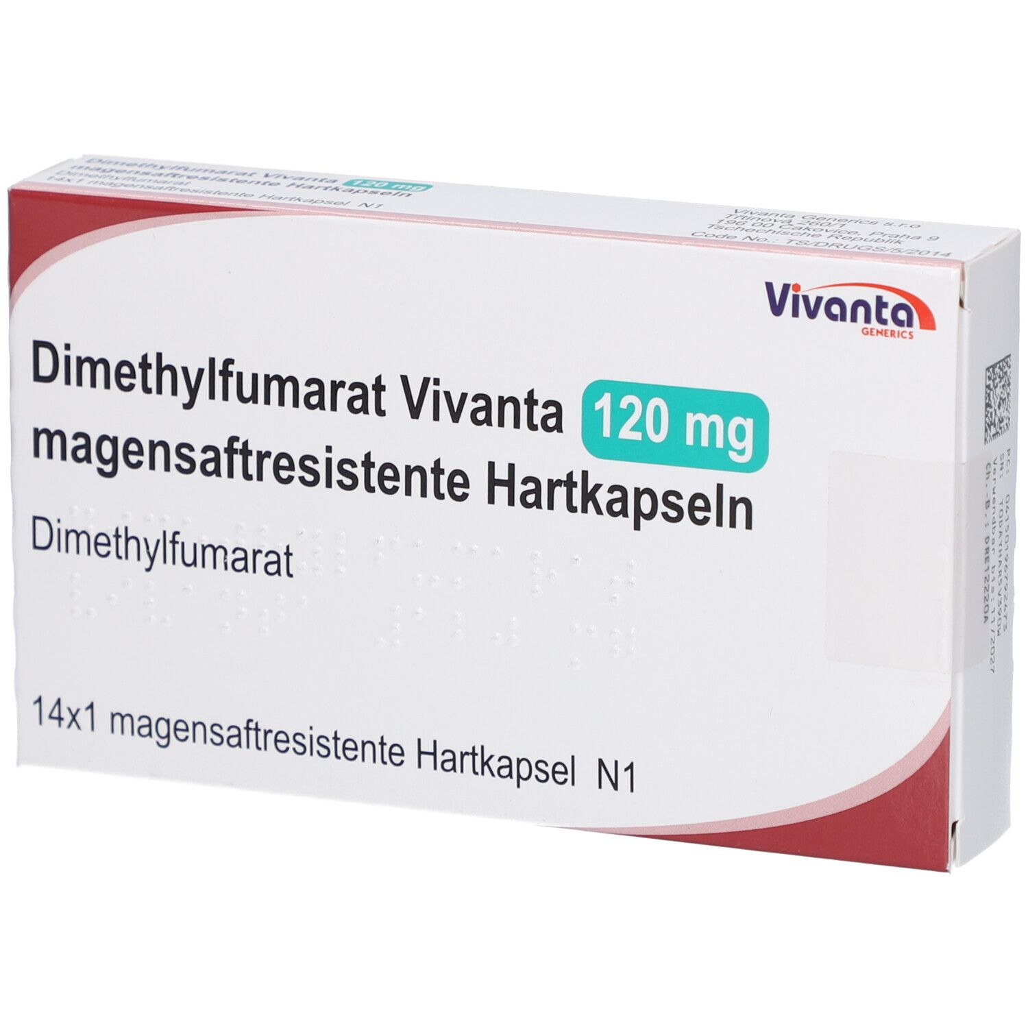 Schachtel mit Aufschrift Dimethylfumarat Vivanta 120 mg magensaftresistente Hartkapseln. 14x1 Kapseln.