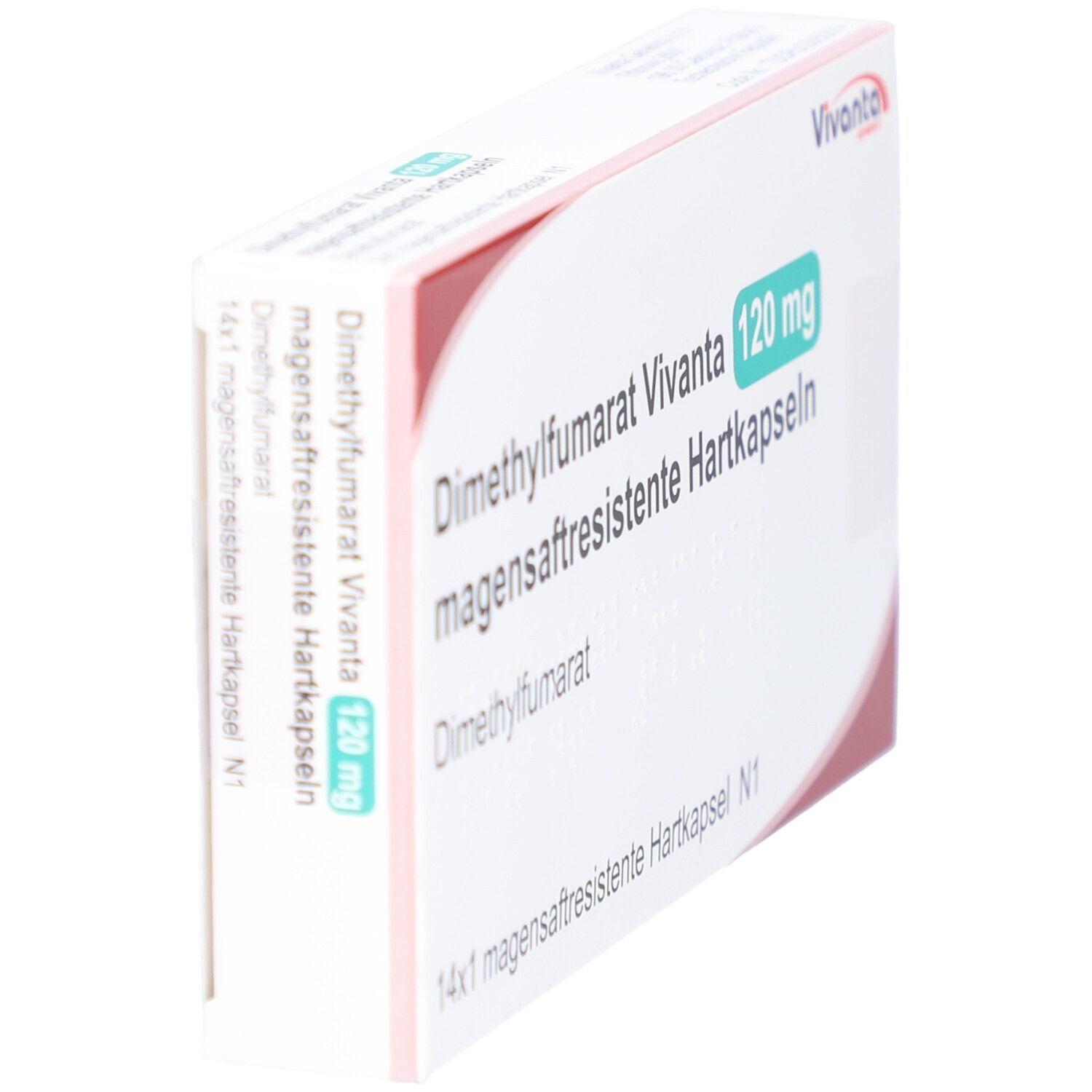 Schachtel Dimethylfumarat Vivanta 120 mg, Hartkapseln. Seitenansicht mit Text und Logo.