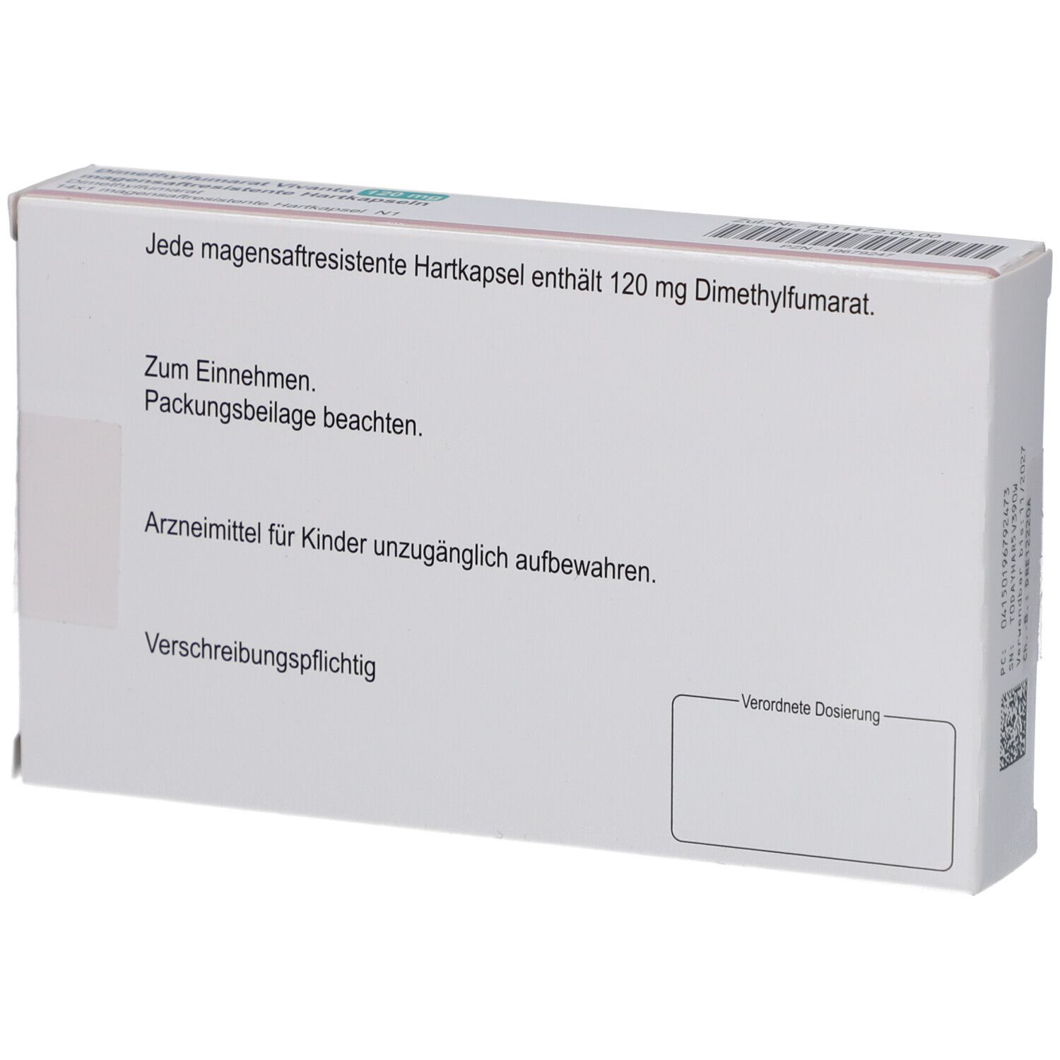 Rückseite der Schachtel mit Text: Dosierung, Hinweise, und Warnhinweise.