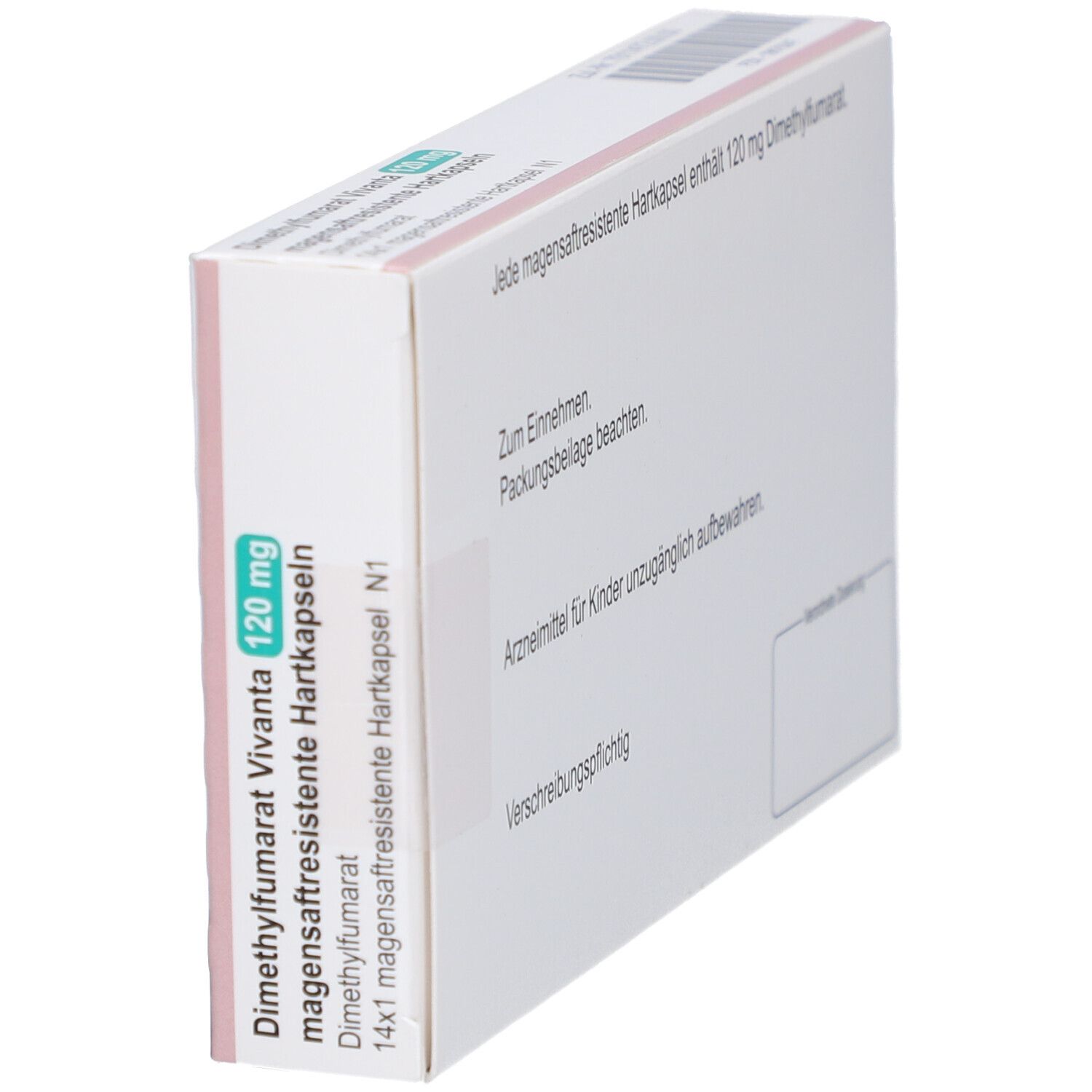 Schachtel Dimethylfumarat Vivanta 120 mg, Hartkapseln. Seitenansicht mit Text.