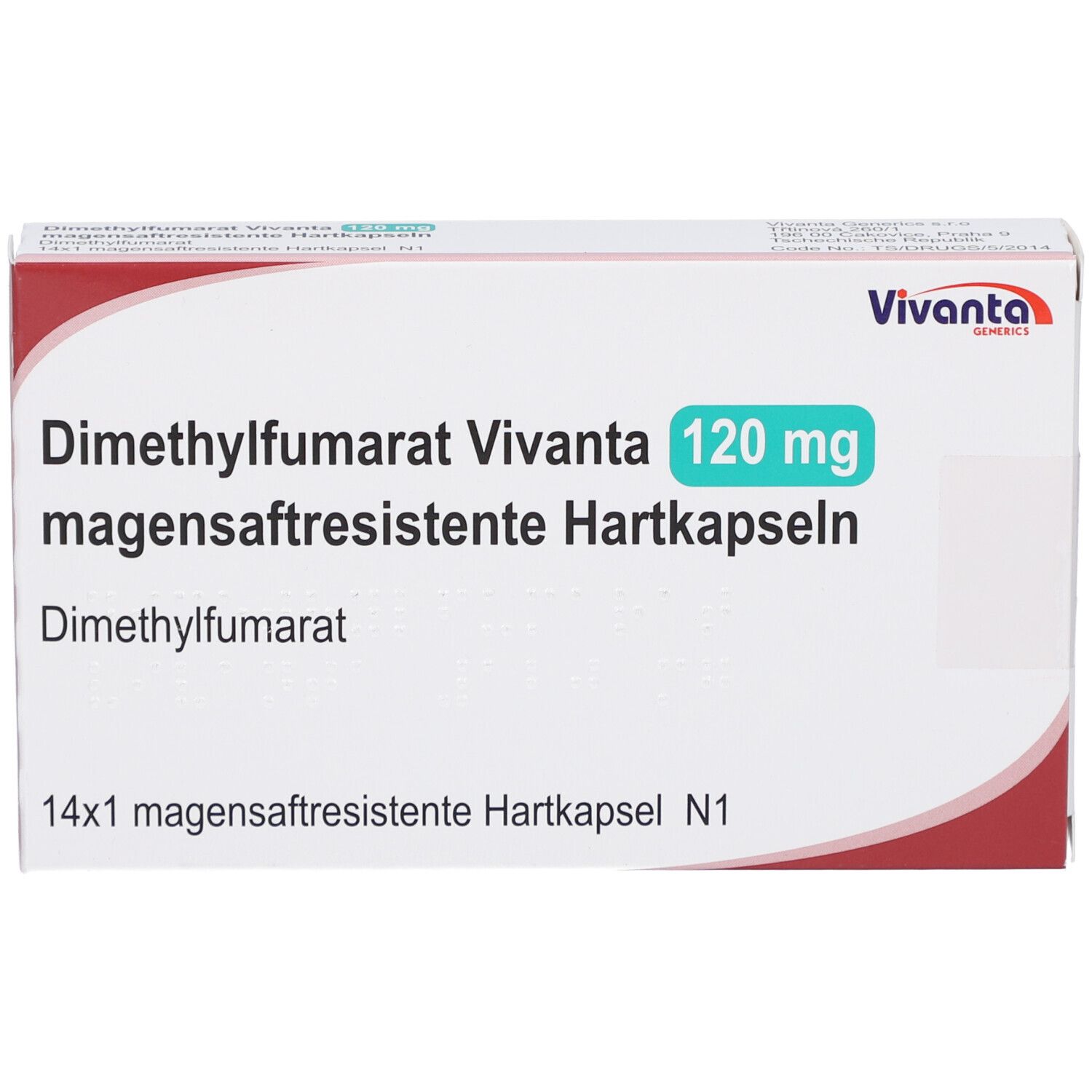 Schachtel Dimethylfumarat Vivanta 120 mg, Hartkapseln. Vorderansicht mit Text und Logo.