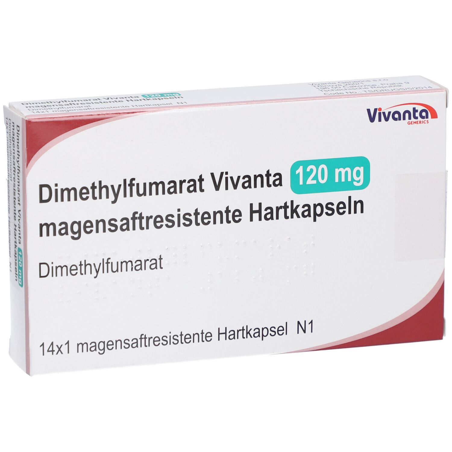 Schachtel Dimethylfumarat Vivanta 120 mg, Hartkapseln. Vorderansicht mit Text und Logo.