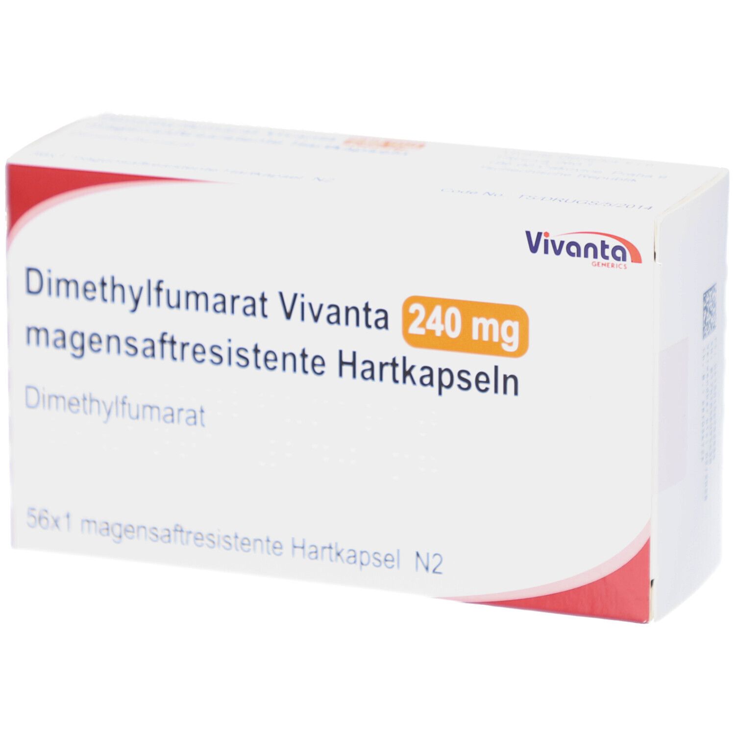 Schachtel mit Dimethylfumarat Vivanta 240 mg Hartkapseln. Aufschrift: 56x1 magensaftresistente Hartkapseln N2. Marke Vivanta.