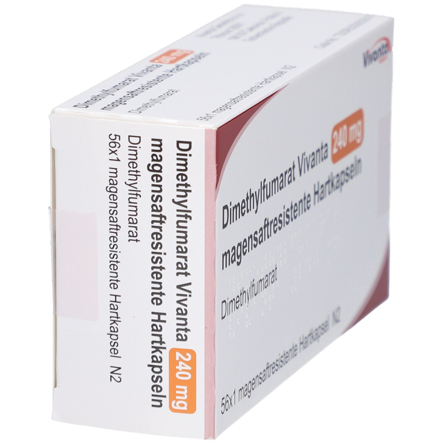Schachtel mit Dimethylfumarat Vivanta 240 mg Hartkapseln. Aufschrift: 56x1 magensaftresistente Hartkapseln N2. Marke Vivanta.