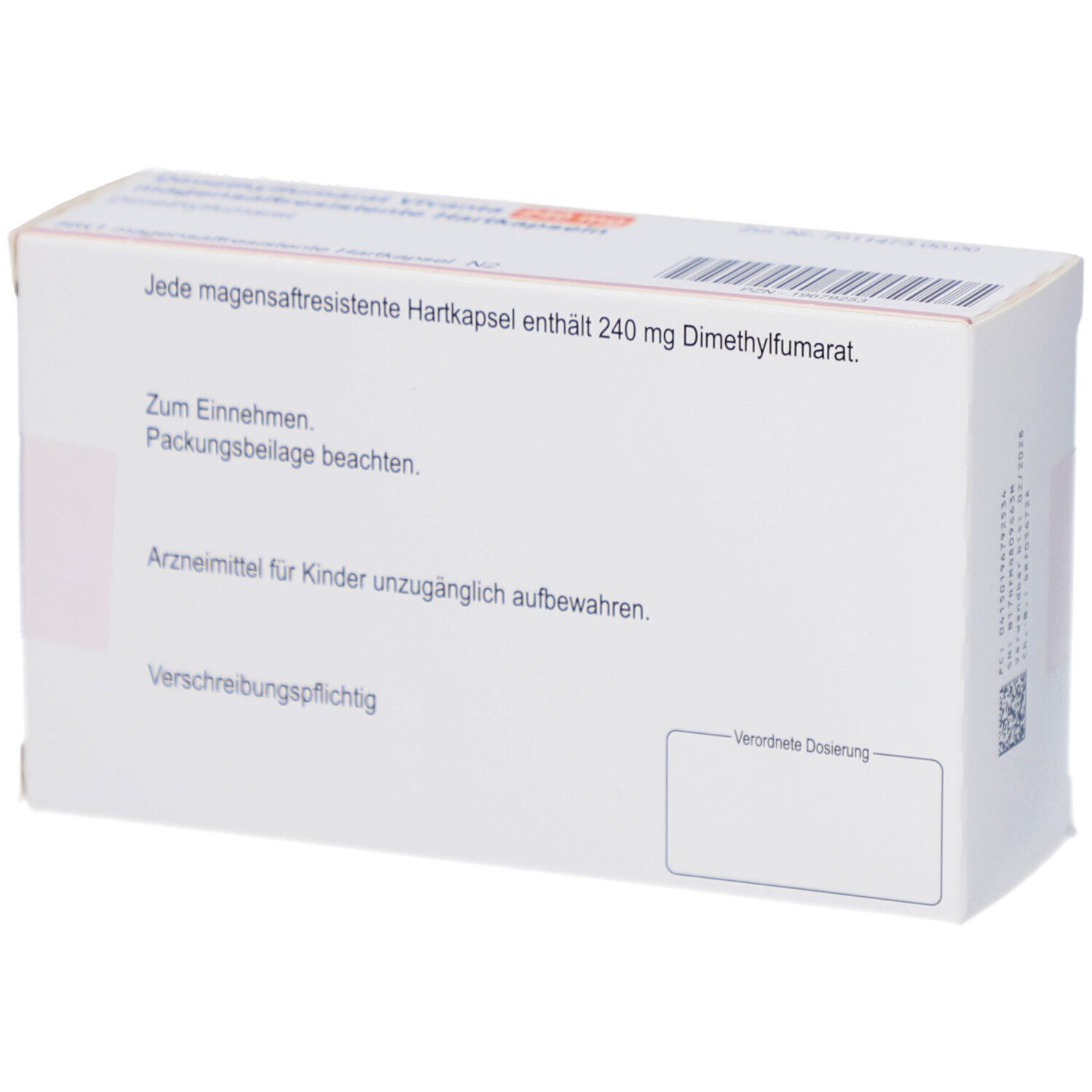 Rückseite der Schachtel mit Dimethylfumarat Vivanta. Text: Jede Hartkapsel enthält 240 mg Dimethylfumarat. Hinweise zur Einnahme und Aufbewahrung.