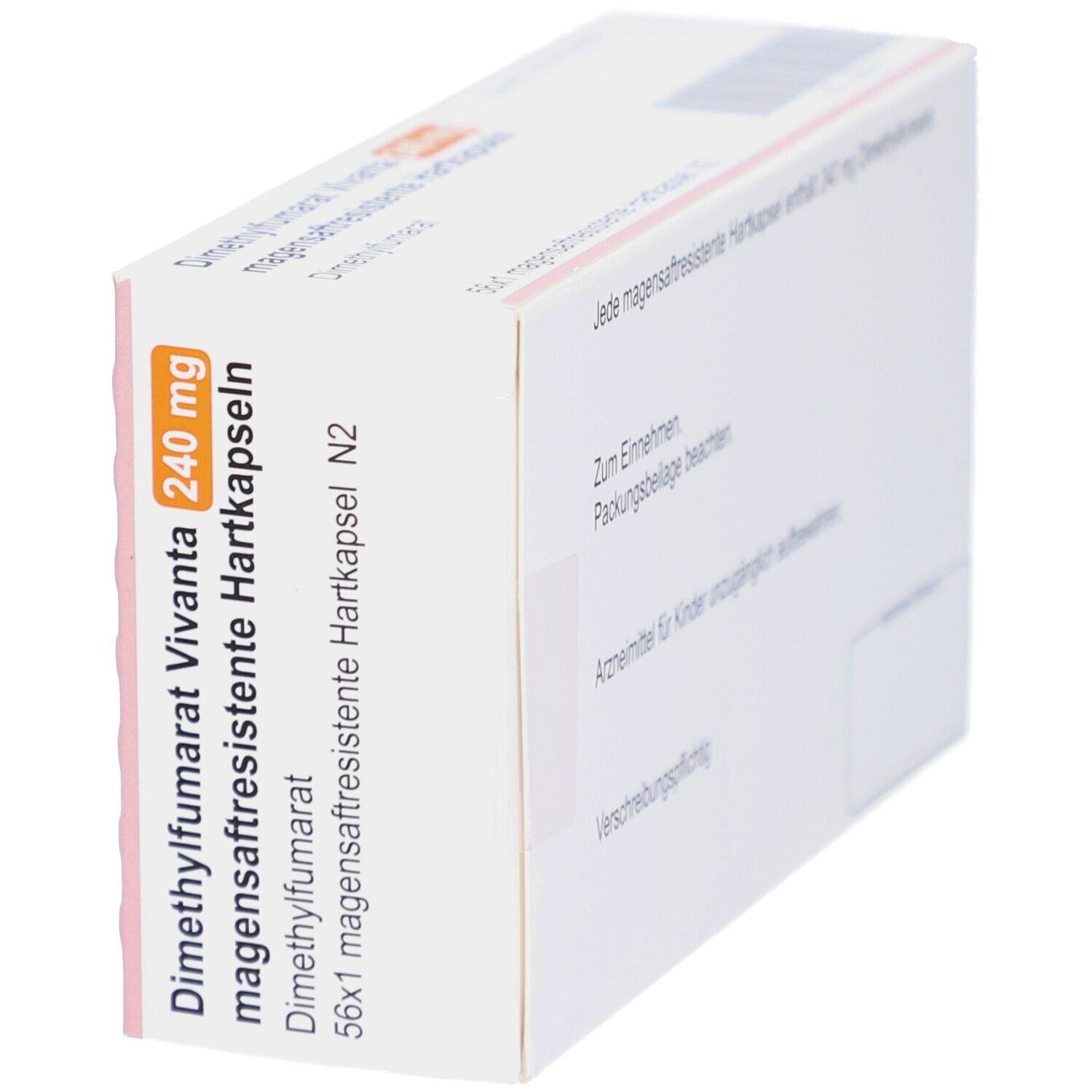 Schachtel mit Dimethylfumarat Vivanta 240 mg Hartkapseln. Aufschrift: 56x1 magensaftresistente Hartkapseln N2. Marke Vivanta.