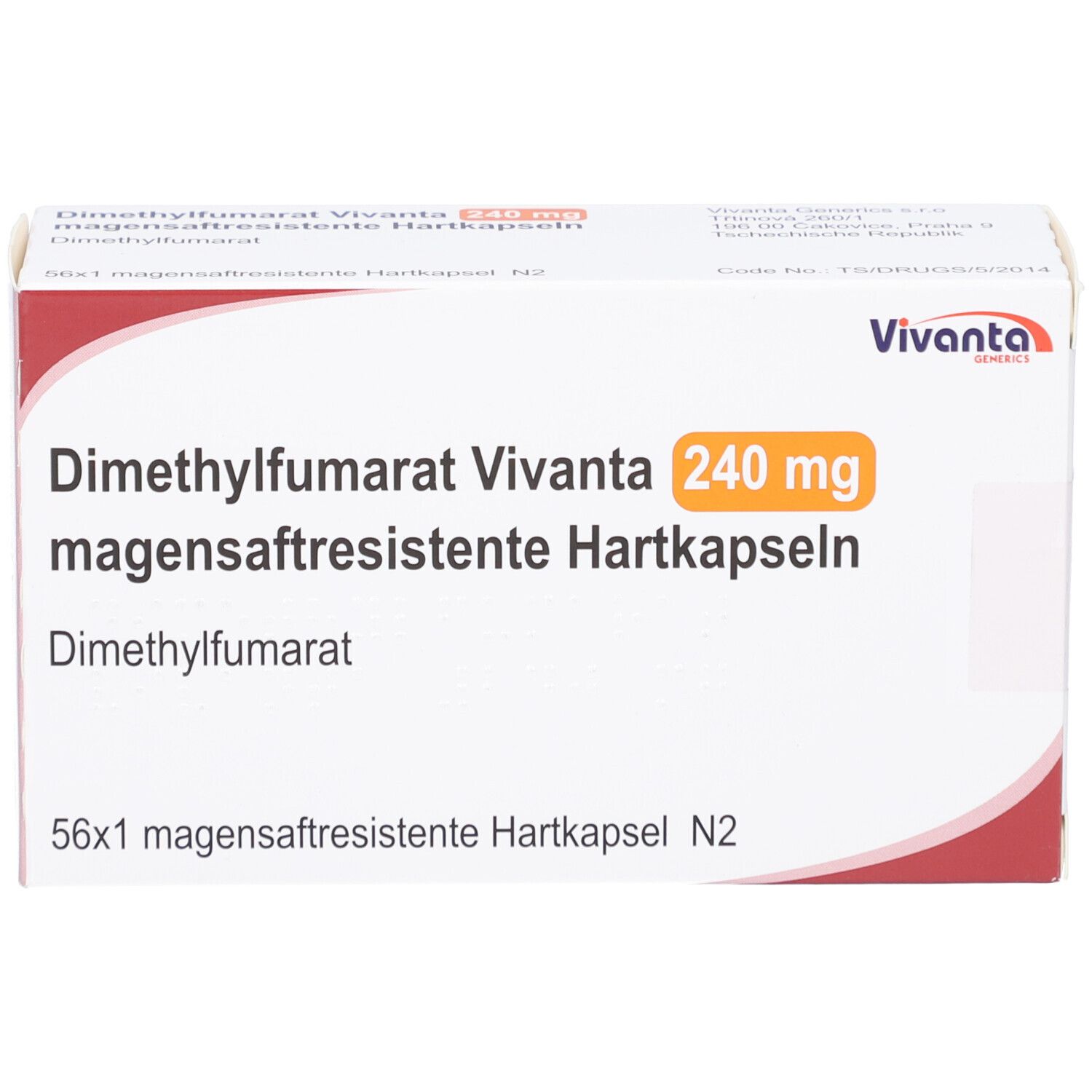 Schachtel mit Dimethylfumarat Vivanta 240 mg Hartkapseln. Aufschrift: 56x1 magensaftresistente Hartkapseln N2. Marke Vivanta.