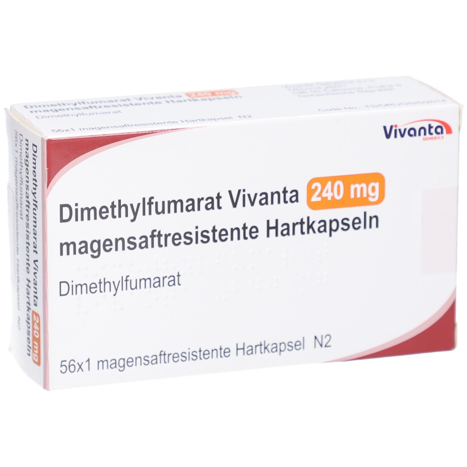 Schachtel mit Dimethylfumarat Vivanta 240 mg Hartkapseln. Aufschrift: 56x1 magensaftresistente Hartkapseln N2. Marke Vivanta.