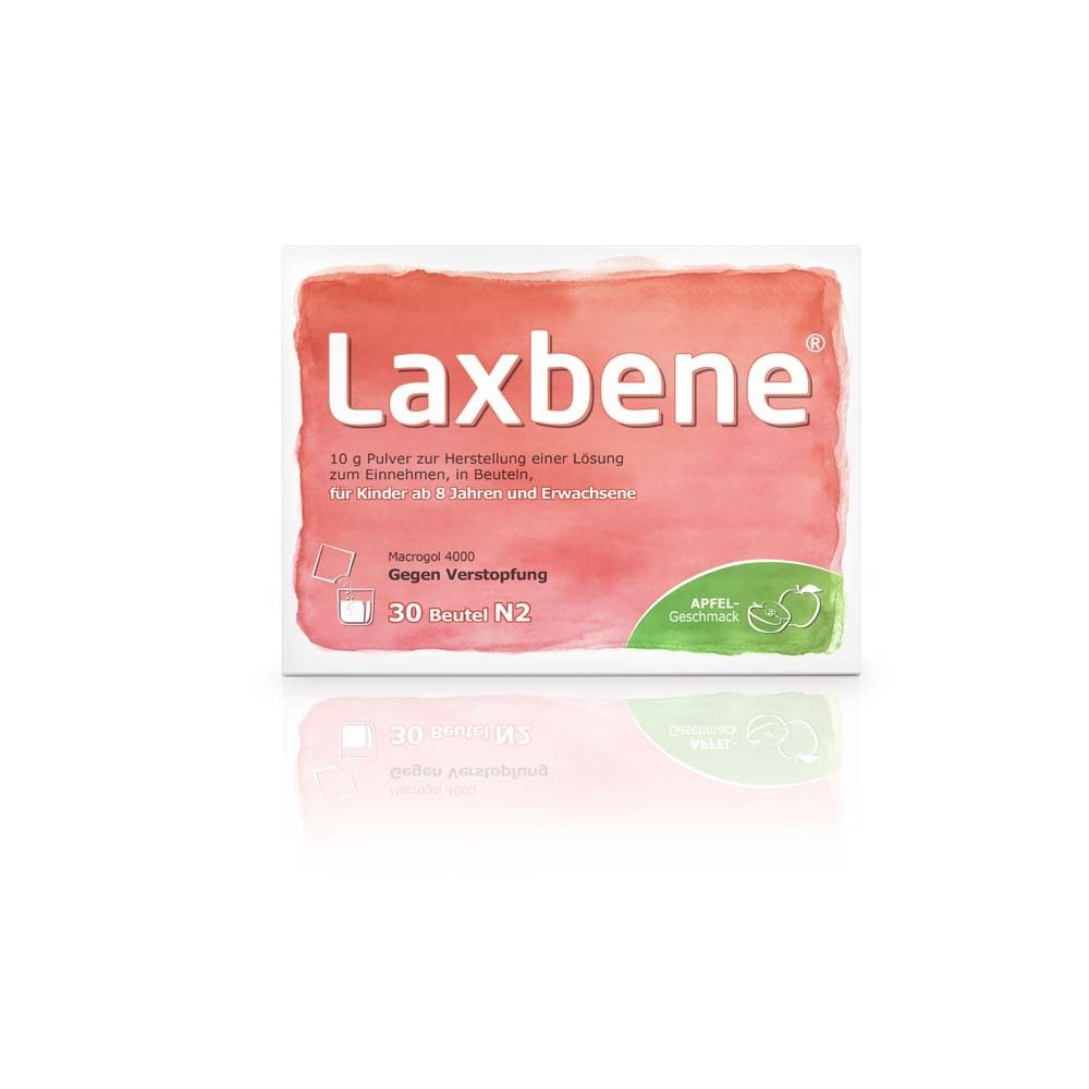 Verpackung mit Produktnamen Laxbene. Rote und weiße Farbgebung. Text: 30 Beutel, Apfelgeschmack, gegen Verstopfung.