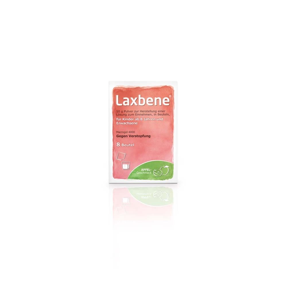 Beutel mit Produktaufdruck. Text: Laxbene, 8 Beutel, gegen Verstopfung. Apfel-Geschmack.