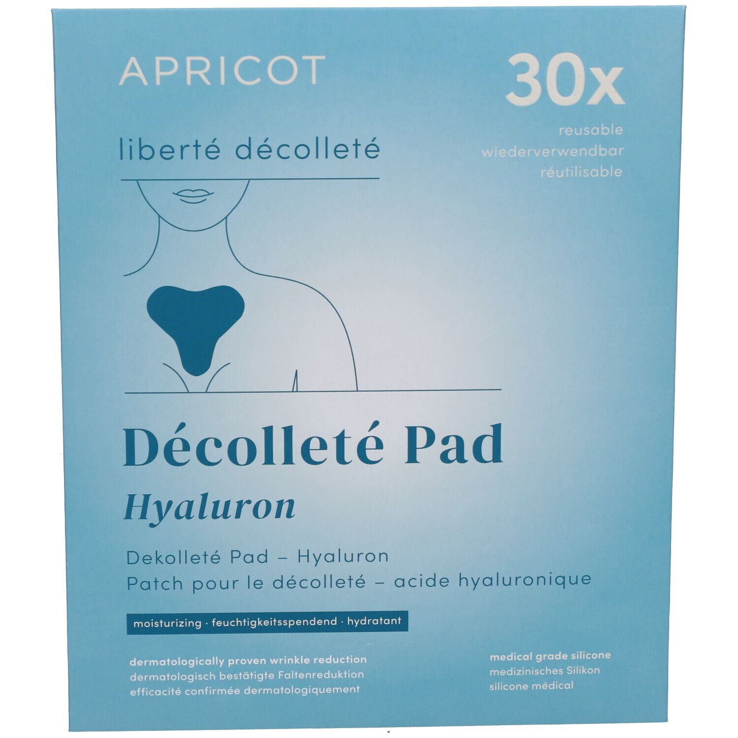 Verpackung mit Dekolleté Pad. Blaue Verpackung mit Produktabbildung und Text: Décolleté Pad Hyaluron.