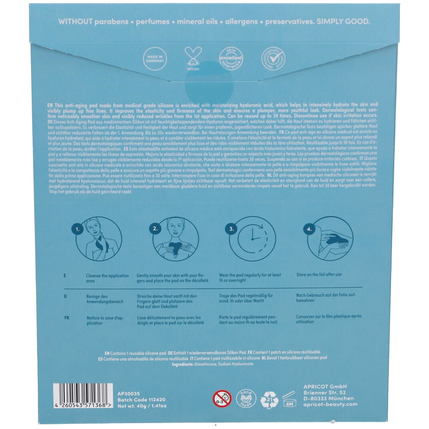 Rückseite der Verpackung. Text: 'WITHOUT parabens, perfumes, mineral oils, allergens, preservatives. SIMPLY GOOD'.