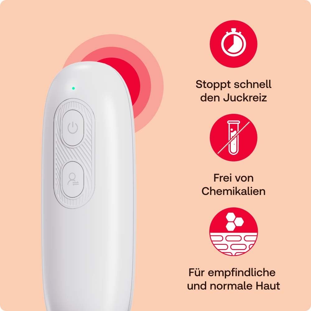Weißes, ovales Gerät mit zwei Knöpfen und einer grünen LED. Roter Kreis mit Symbolen: Stoppt Juckreiz, chemiefrei, für empfindliche Haut.