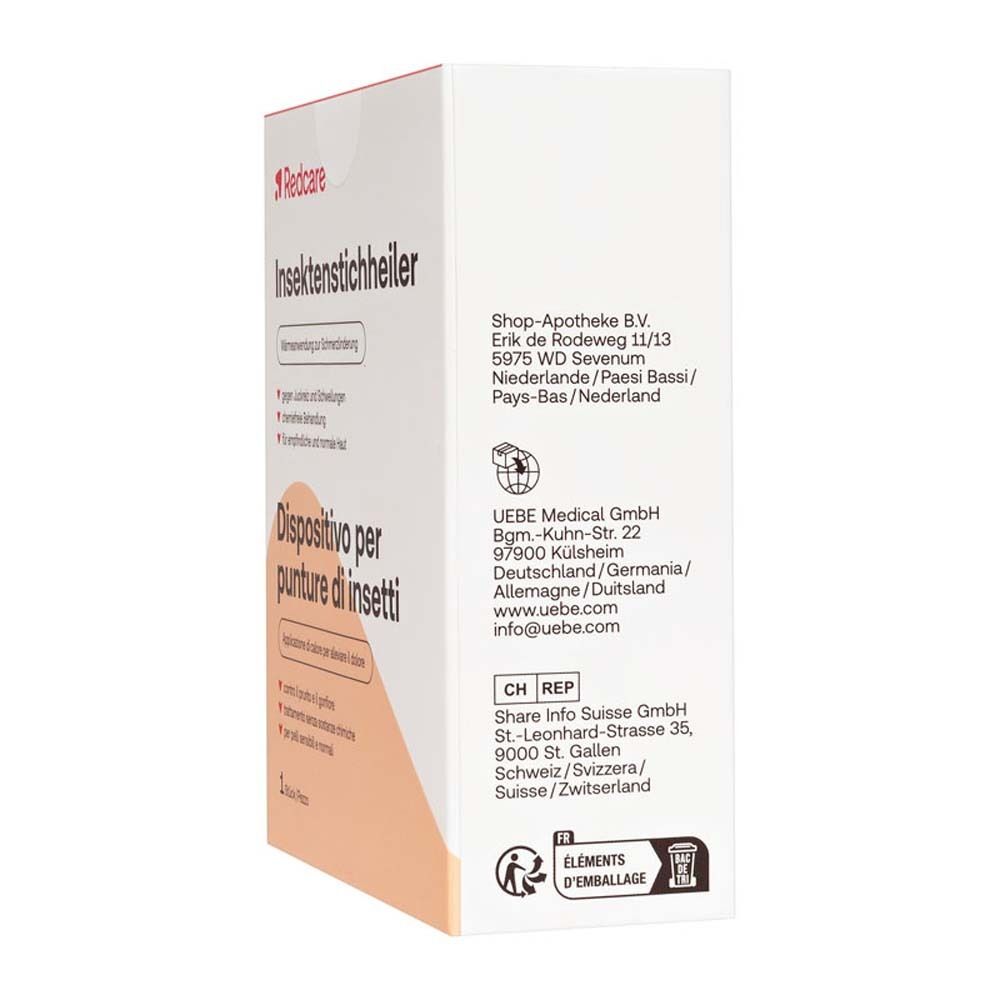 Rückseite der Verpackung des Redcare Insektenstichheilers. Text in Deutsch und Italienisch.