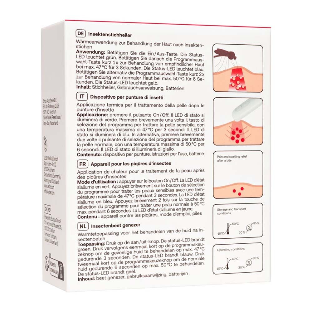 Rückseite der Verpackung des Redcare Insektenstichheilers. Text in Deutsch, Italienisch, Französisch und Niederländisch.