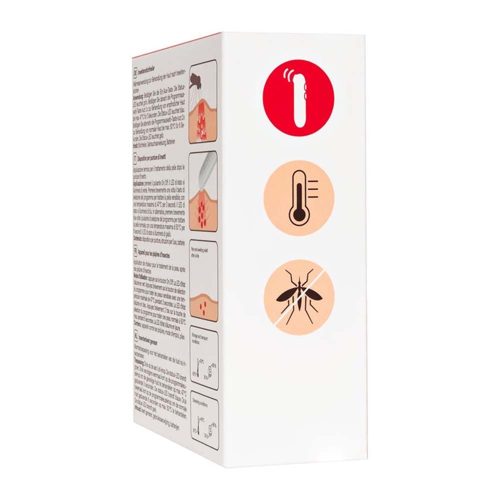 Seite der Verpackung des Redcare Insektenstichheilers. Grafiken und Text.