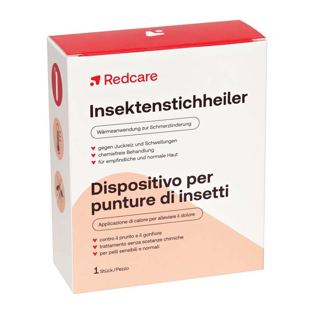 Verpackung des Redcare Insektenstichheilers. Text in Deutsch und Italienisch. 1 Stück/Pezzo.