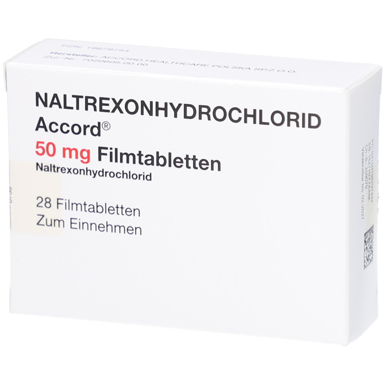Weiße Schachtel mit Aufschrift NALTREXONHYDROCHLORID Accord 50 mg Filmtabletten. Enthält 28 Filmtabletten. Zum Einnehmen.