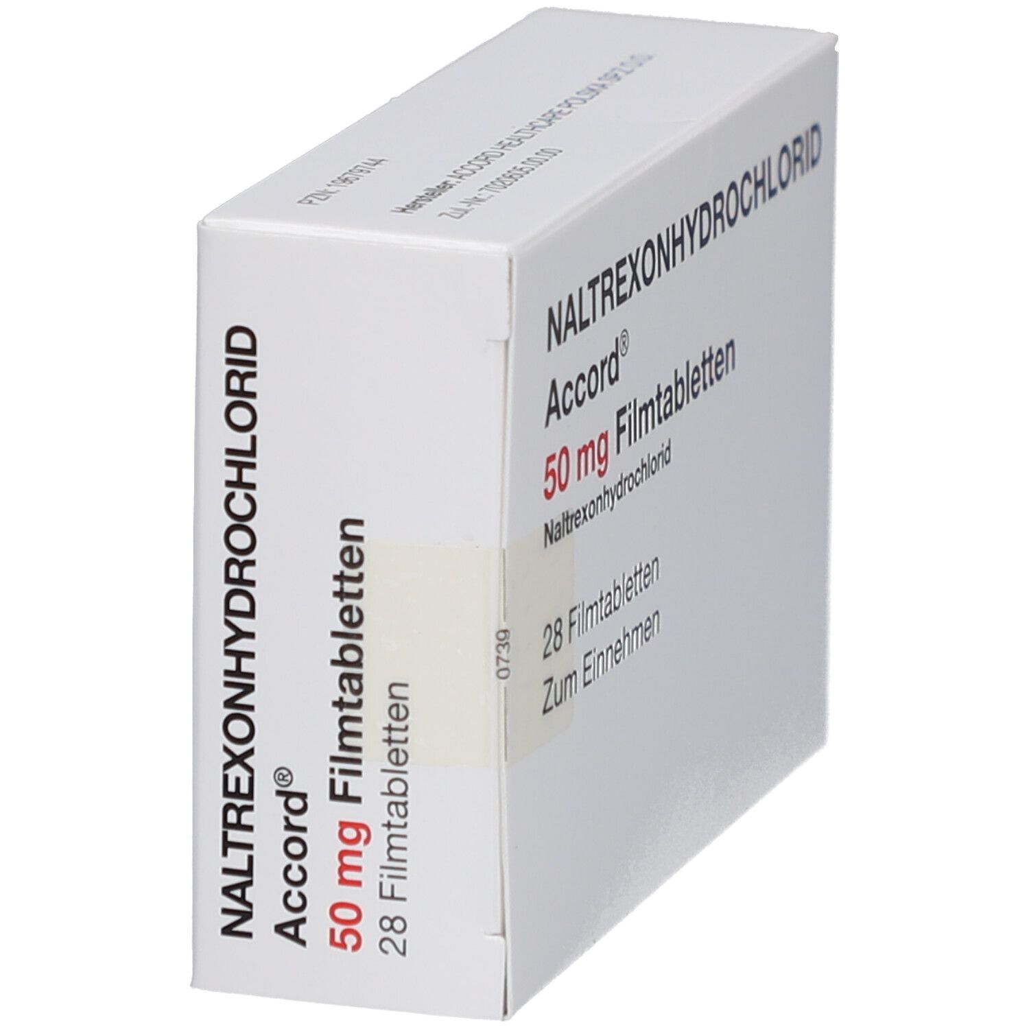 Weiße Schachtel, seitliche Ansicht. Aufschrift NALTREXONHYDROCHLORID Accord 50 mg Filmtabletten. 28 Filmtabletten. Zum Einnehmen.