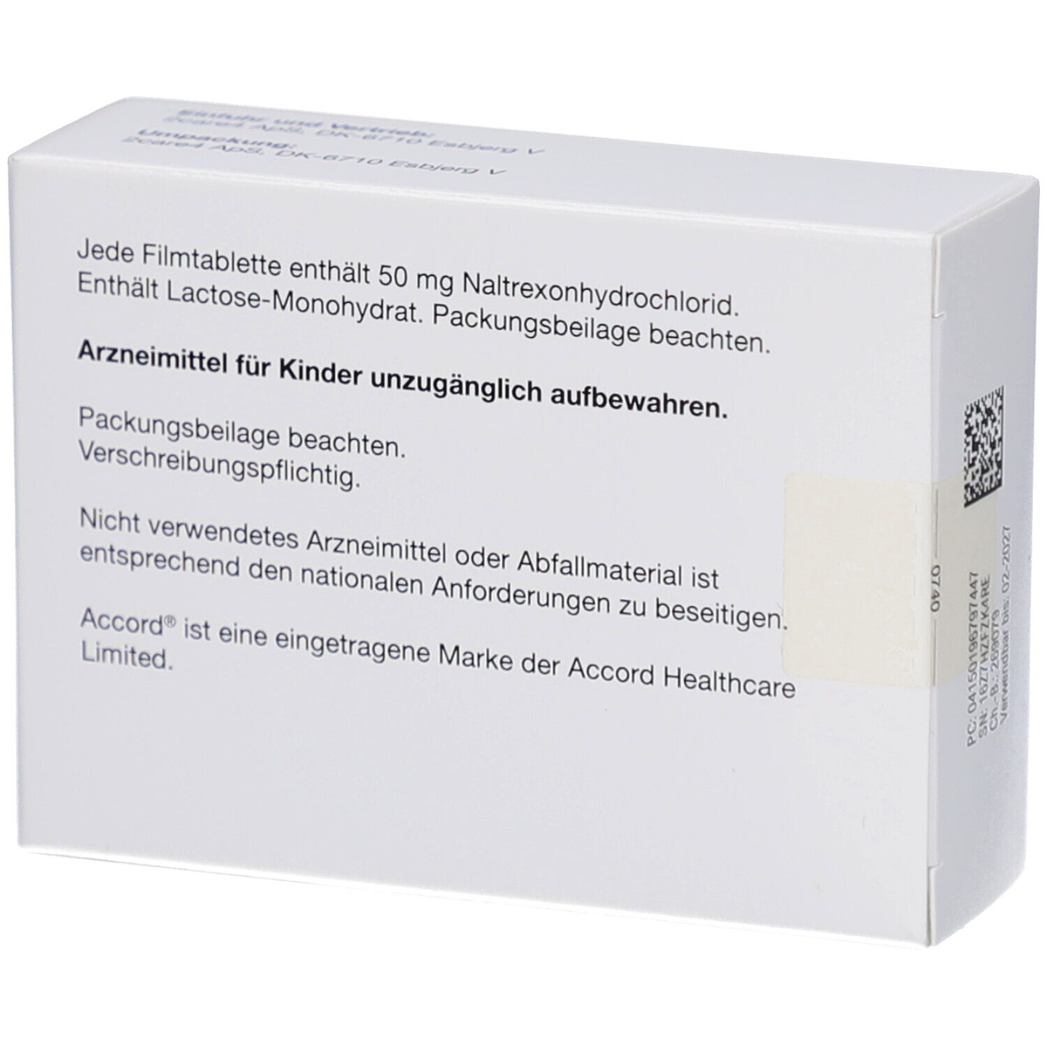 Rückseite der weißen Schachtel. Text: Enthält 50 mg Naltrexonhydrochlorid. Packungsbeilage beachten. Arzneimittel für Kinder unzugänglich aufbewahren.