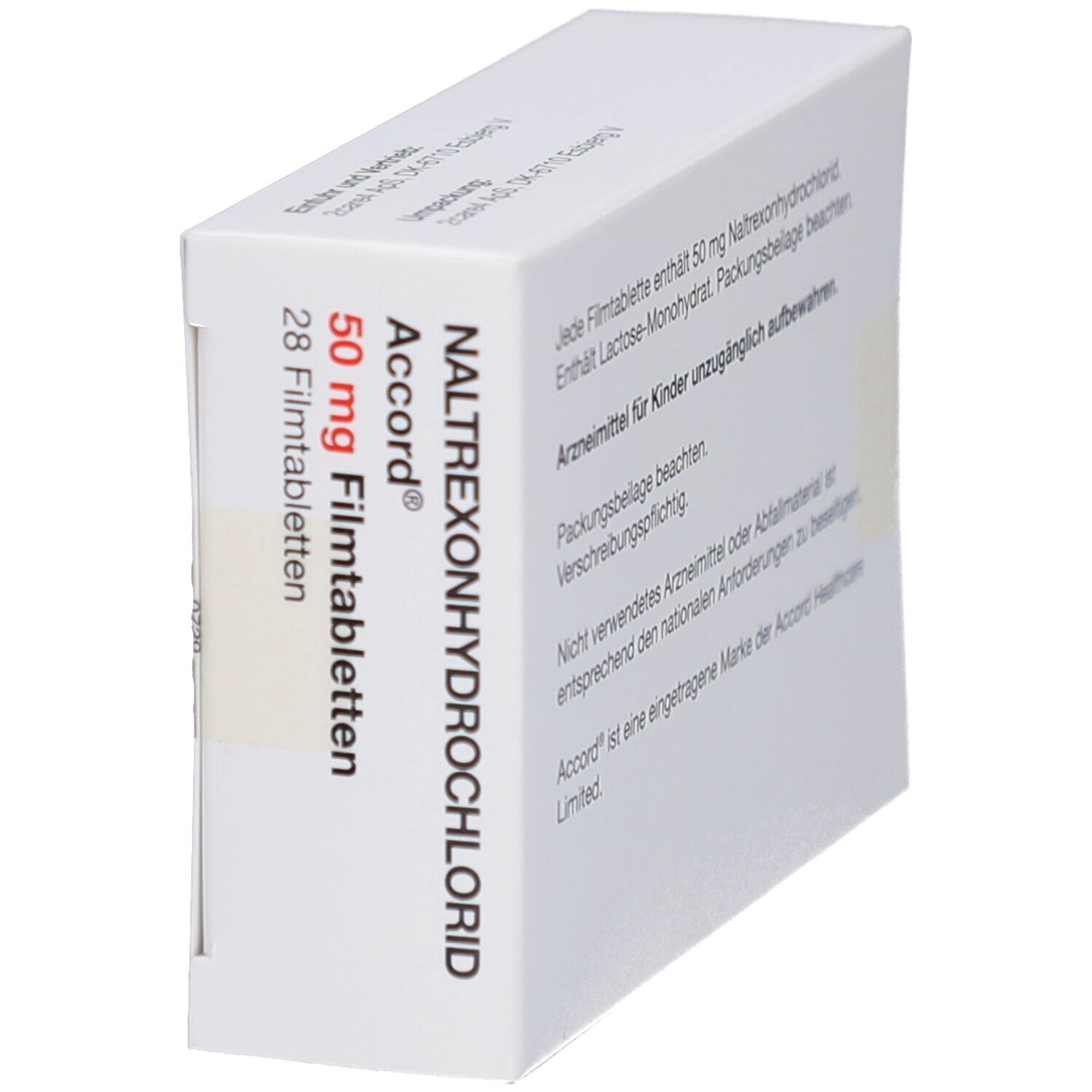 Weiße Schachtel, schräge Ansicht. Aufschrift NALTREXONHYDROCHLORID Accord 50 mg Filmtabletten. 28 Filmtabletten. Zum Einnehmen.