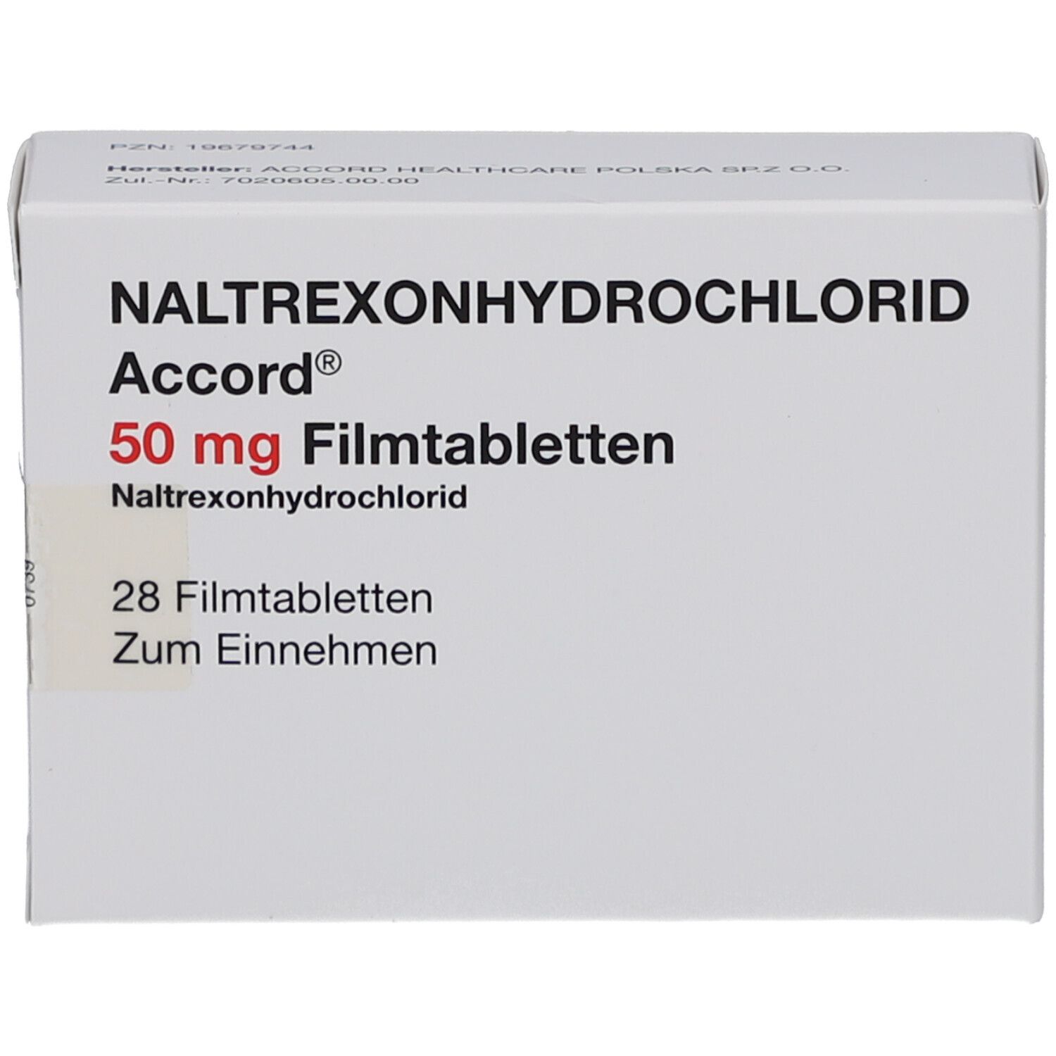 Weiße Schachtel mit Aufschrift NALTREXONHYDROCHLORID Accord 50 mg Filmtabletten. 28 Filmtabletten. Zum Einnehmen. Vorderansicht.