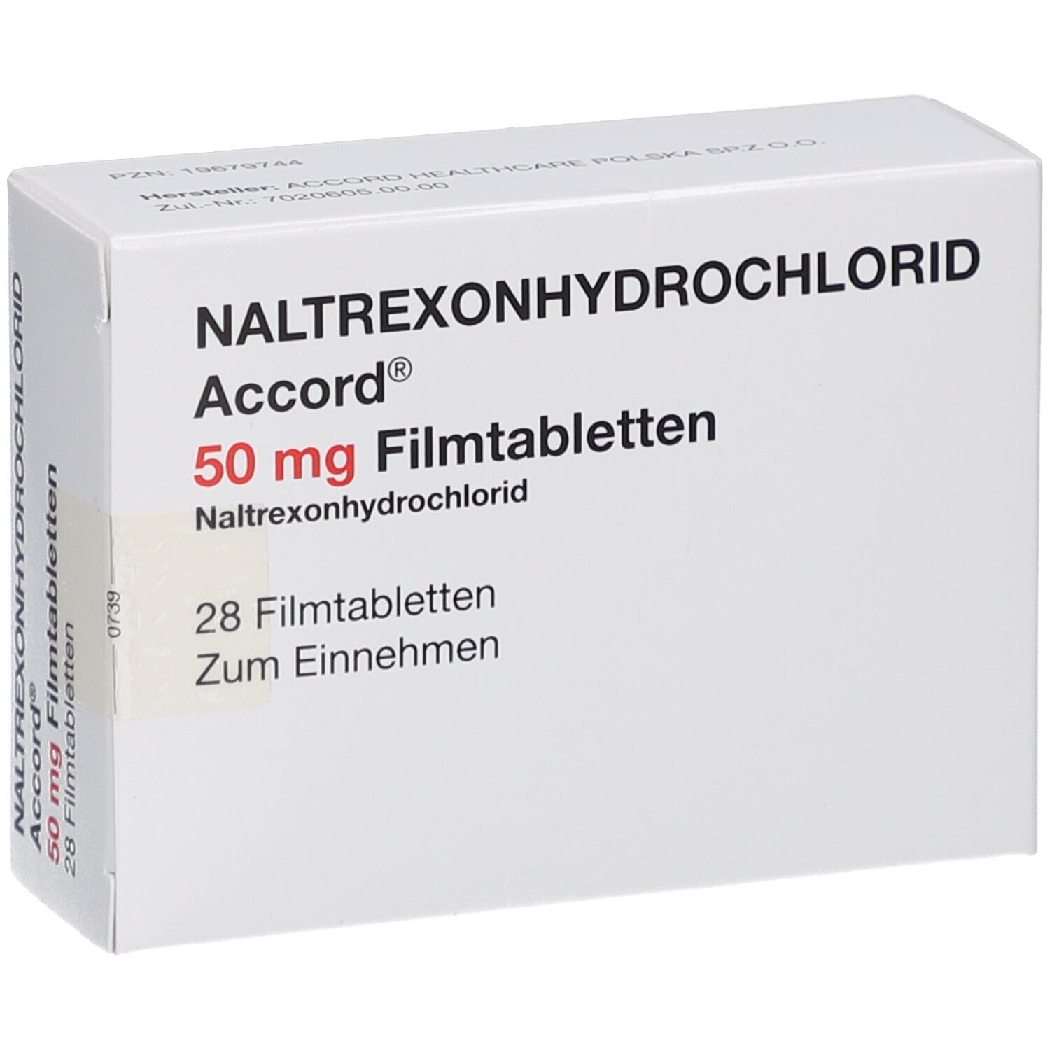 Weiße Schachtel mit Aufschrift NALTREXONHYDROCHLORID Accord 50 mg Filmtabletten. 28 Filmtabletten. Zum Einnehmen. Vorderansicht.