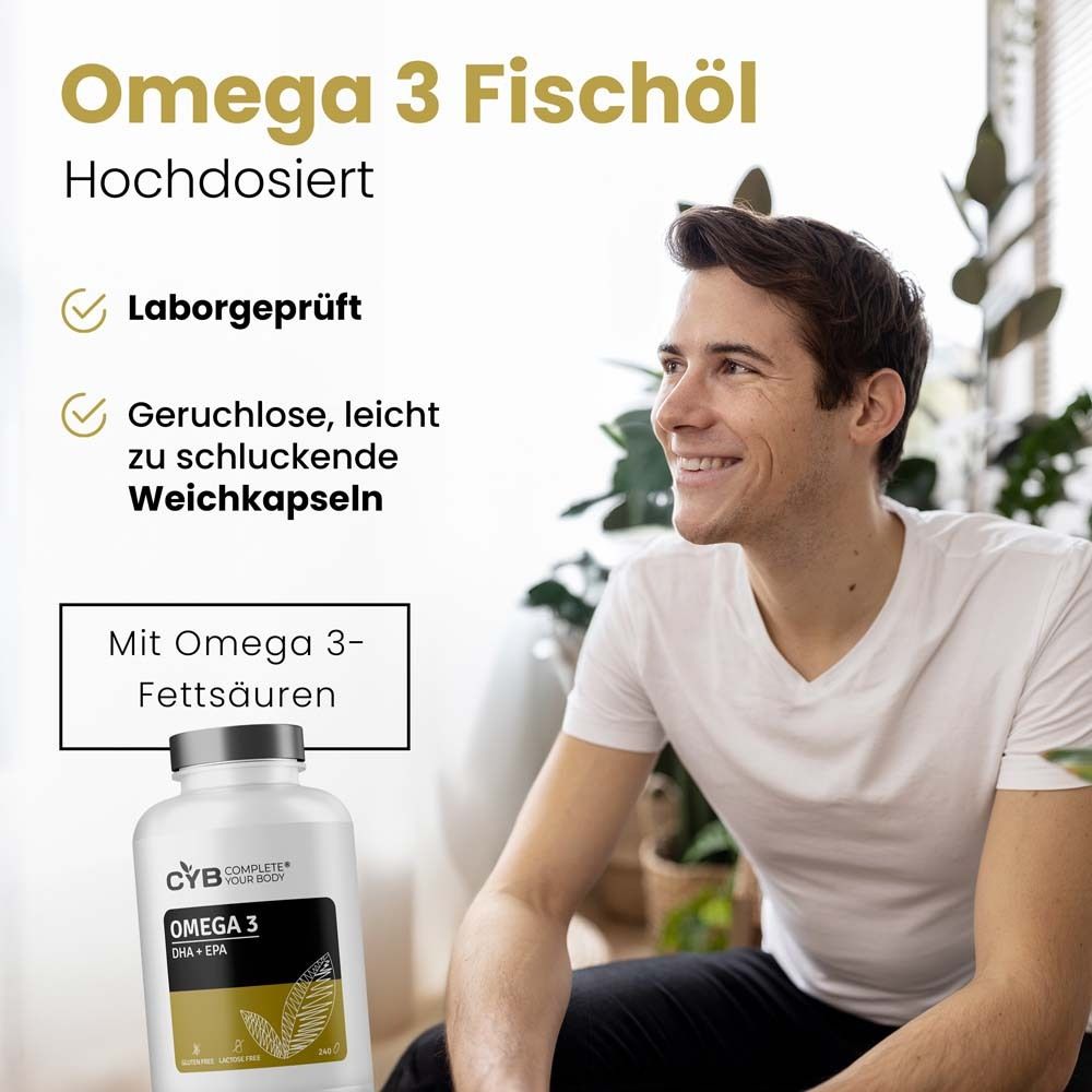 Mann lächelt. Text: Omega 3 Fischöl. Laborgeprüft. Geruchslose Weichkapseln. Flasche CYB Omega 3.