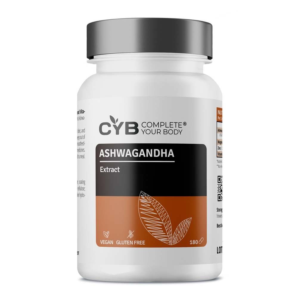 Weiße Flasche mit silbernem Deckel. Aufschrift: CYB COMPLETE YOUR BODY, ASHWAGANDHA Extract. Vegan und glutenfrei.