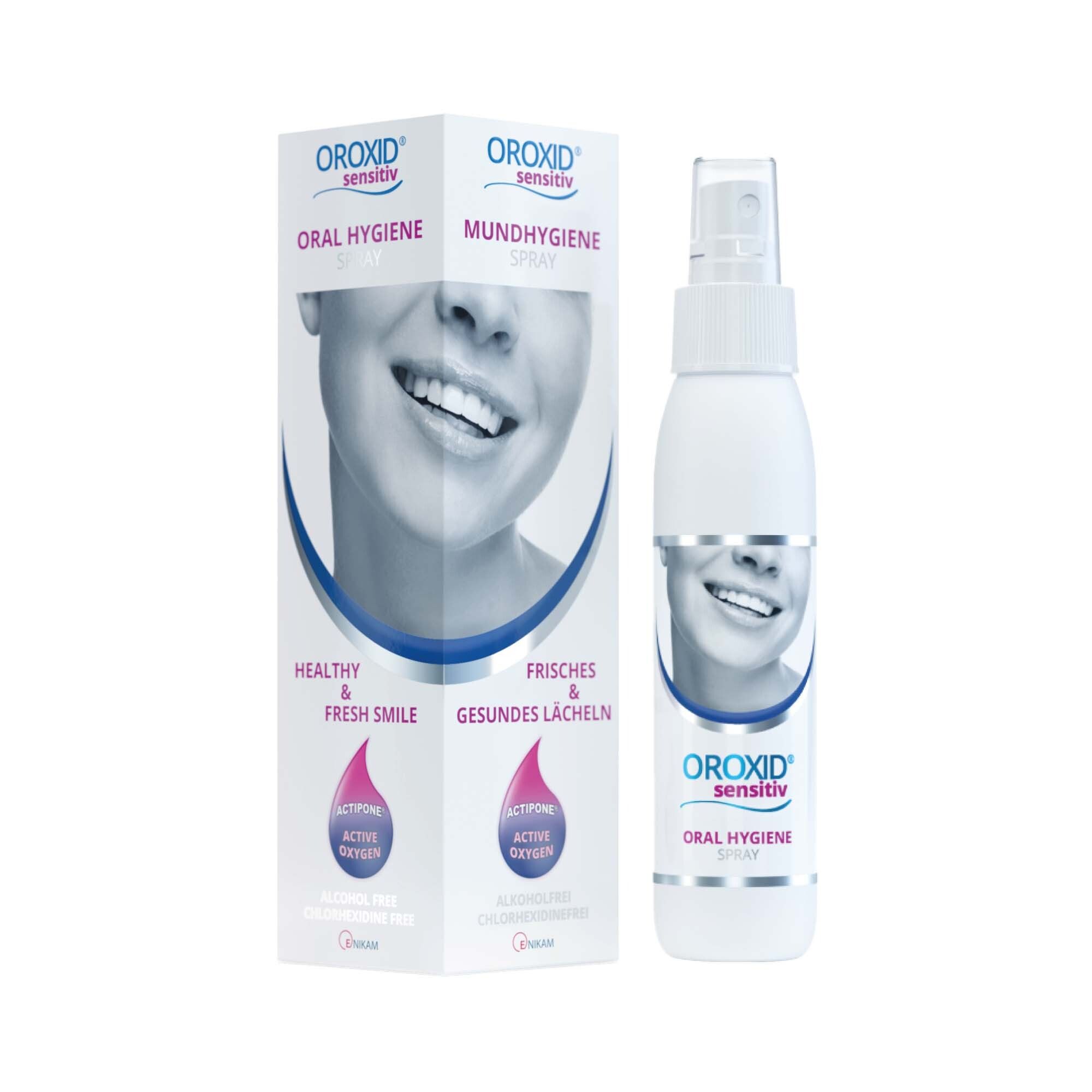 Oroxid Sensitiv Mundspray und Verpackung. Weißes Spray, Box mit Produktbild und Text: Oral Hygiene, Healthy & Fresh Smile.