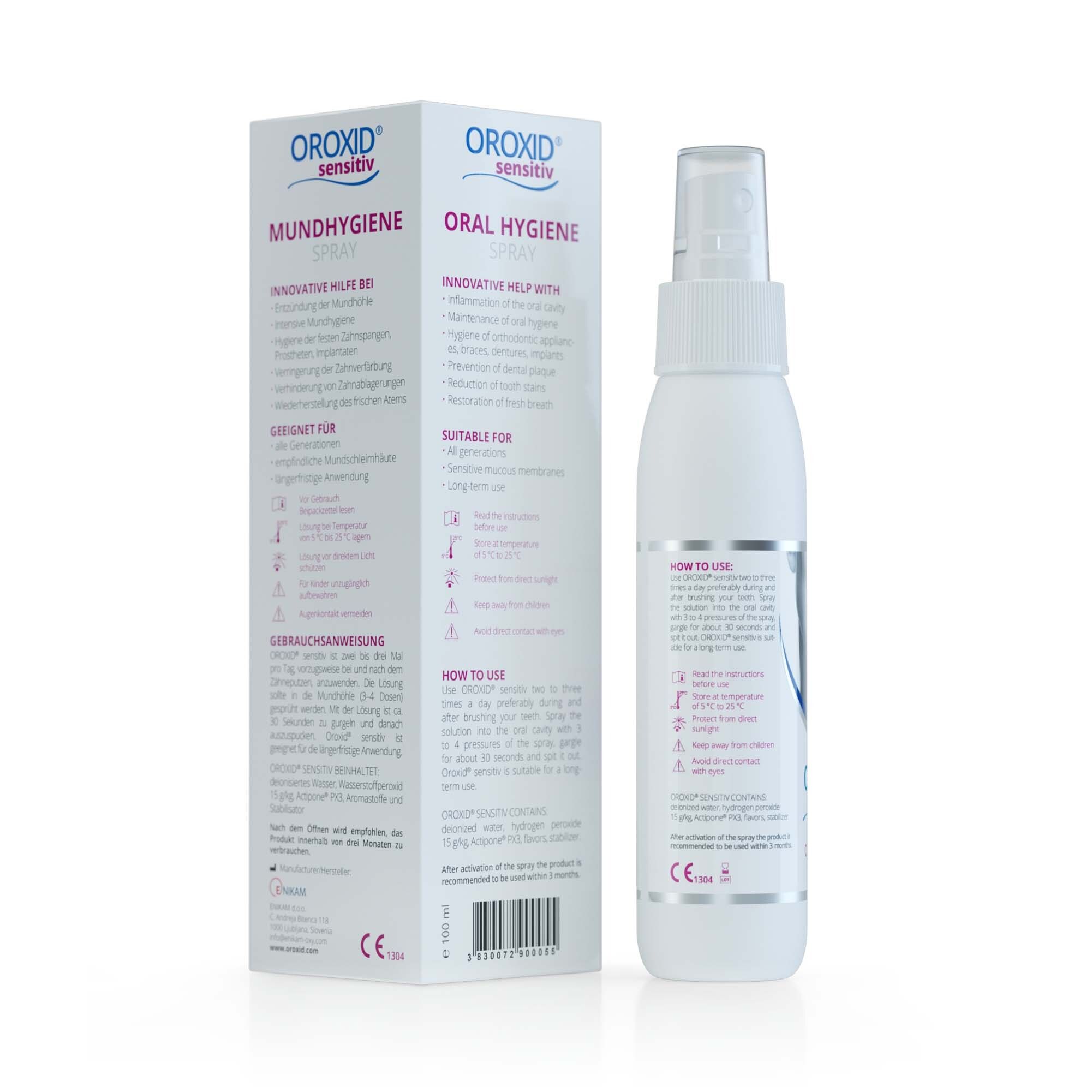 Rückseite der Oroxid Sensitiv Mundspray-Verpackung. Textabschnitte: Innovative Hilfe, Geeignet für, Anwendungshinweise, CE-Kennzeichnung.