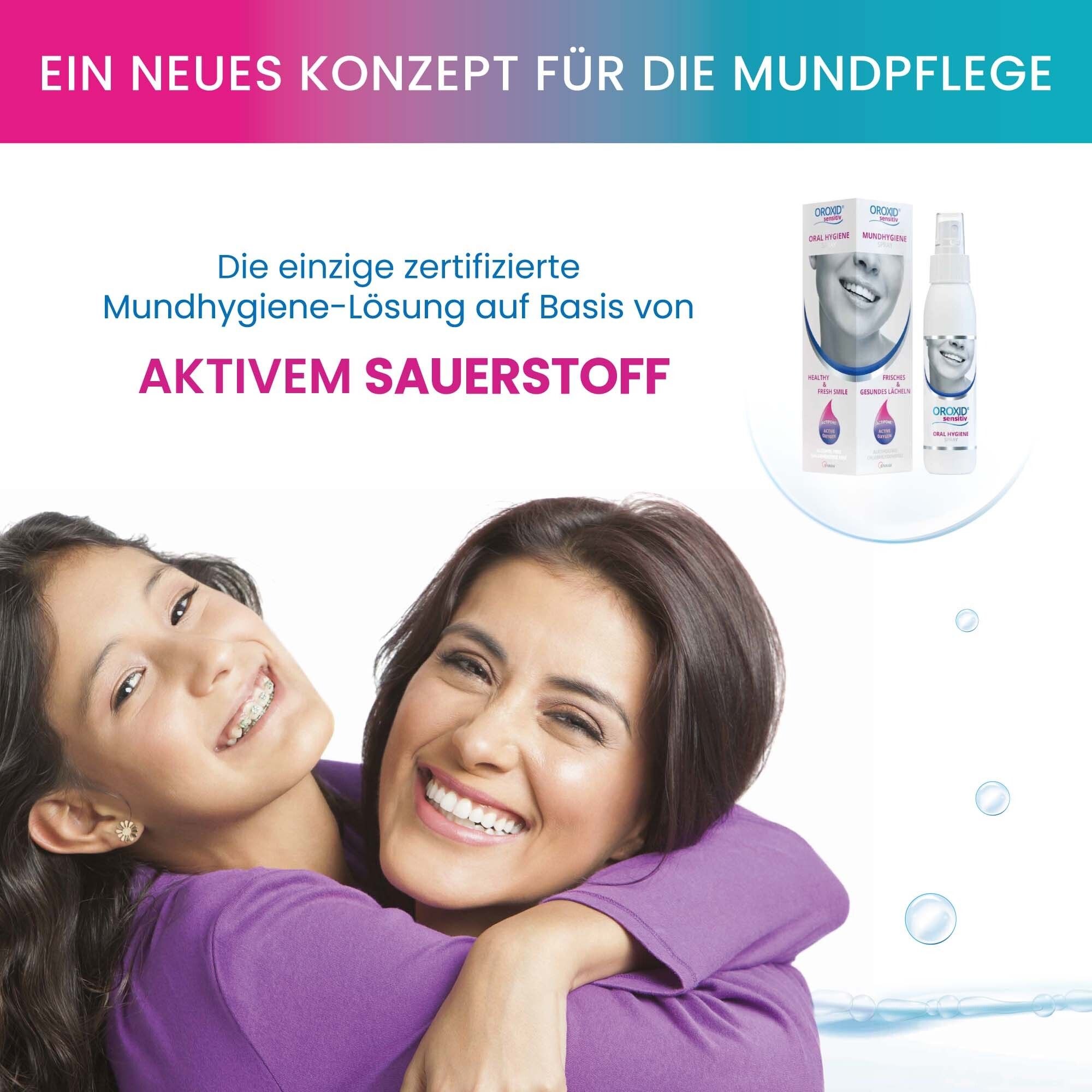 Zwei Frauen mit strahlenden Zähnen. Text: Ein neues Konzept für die Mundpflege. Zertifizierte Mundhygiene-Lösung mit aktivem Sauerstoff.