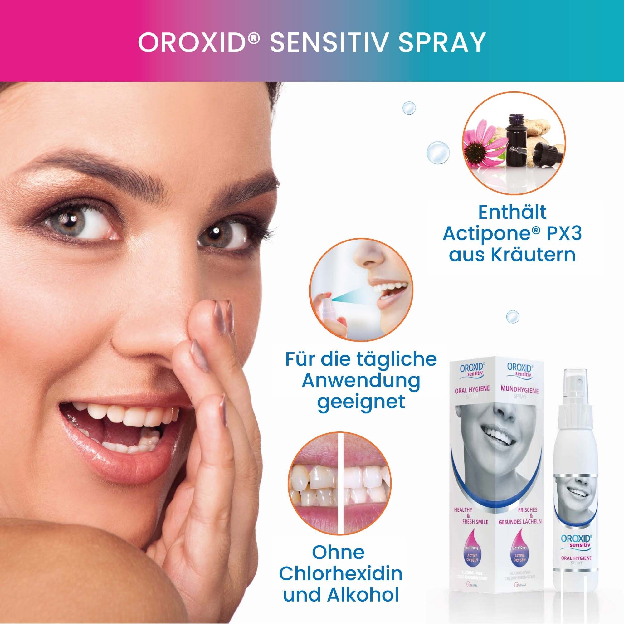 Frau mit Mundspray. Text: Oroxid Sensitiv Spray. Enthält Actipone PX3 aus Kräutern. Geeignet für tägliche Anwendung. Ohne Chlorhexidin.
