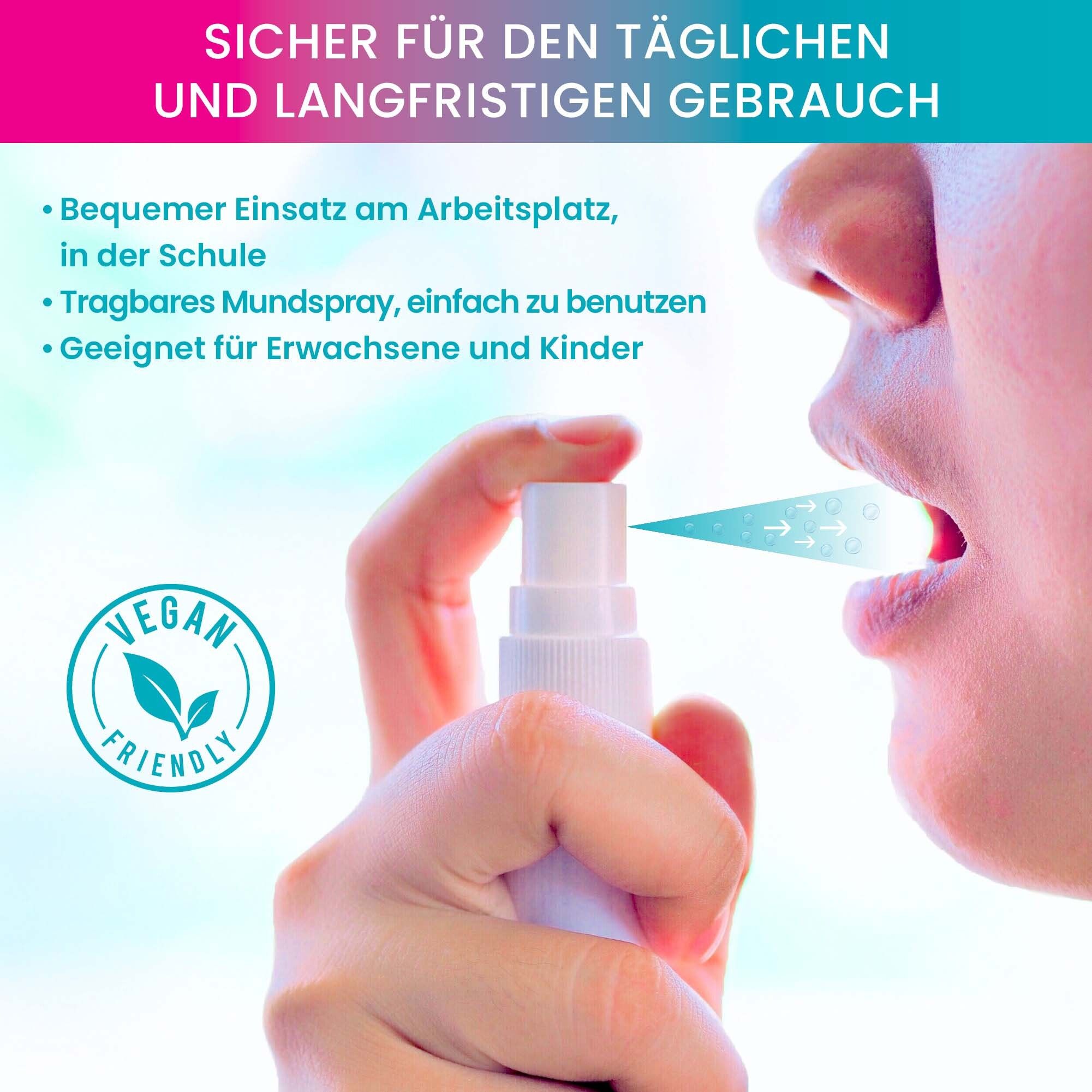 Person sprüht Oroxid Sensitiv Mundspray in den Mund. Text: Sicher für den täglichen Gebrauch. Vegan-freundlich.