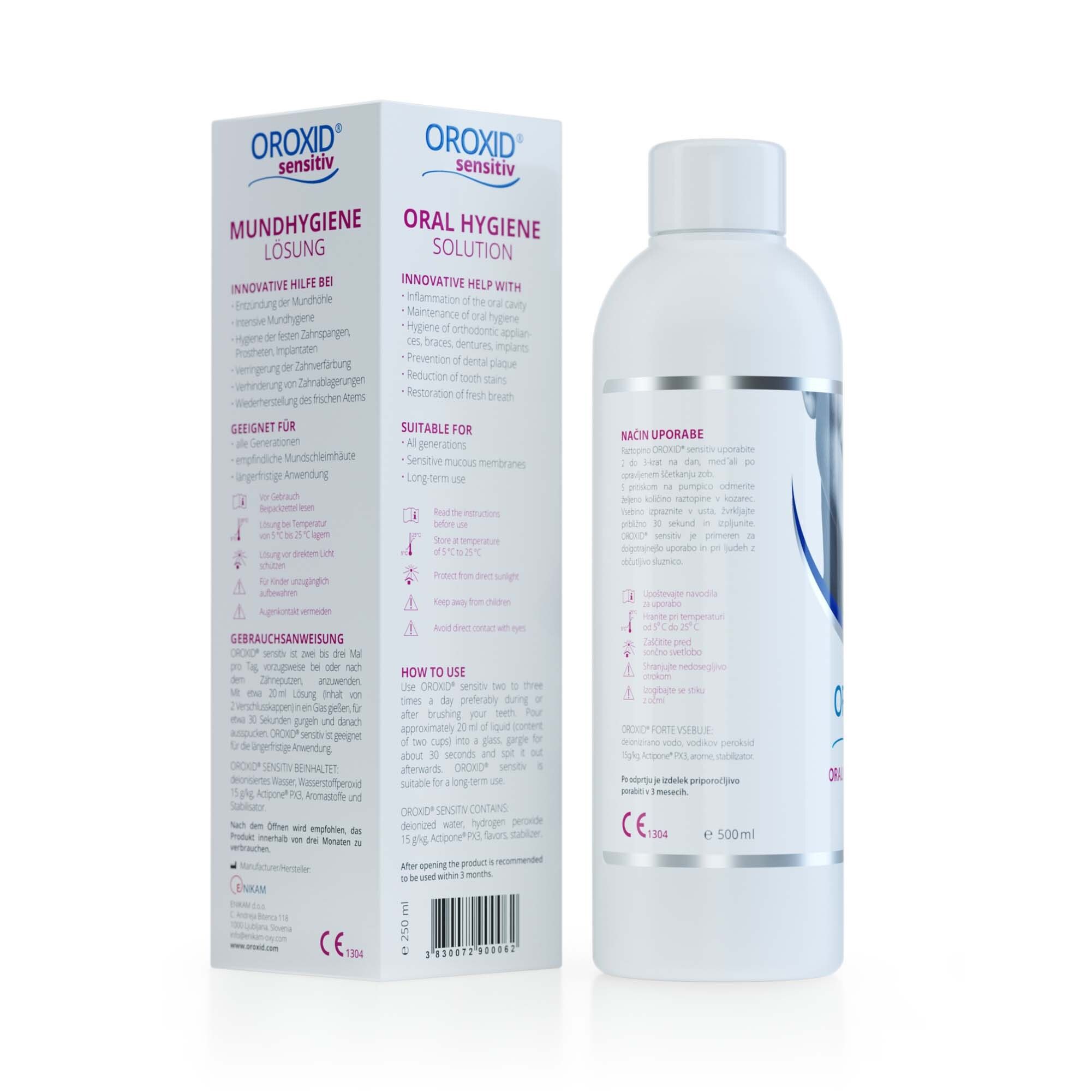 Rückseite der OROXID® sensitiv Packung. Text in Deutsch und Englisch. Informationen zur Anwendung und Inhaltsstoffe.