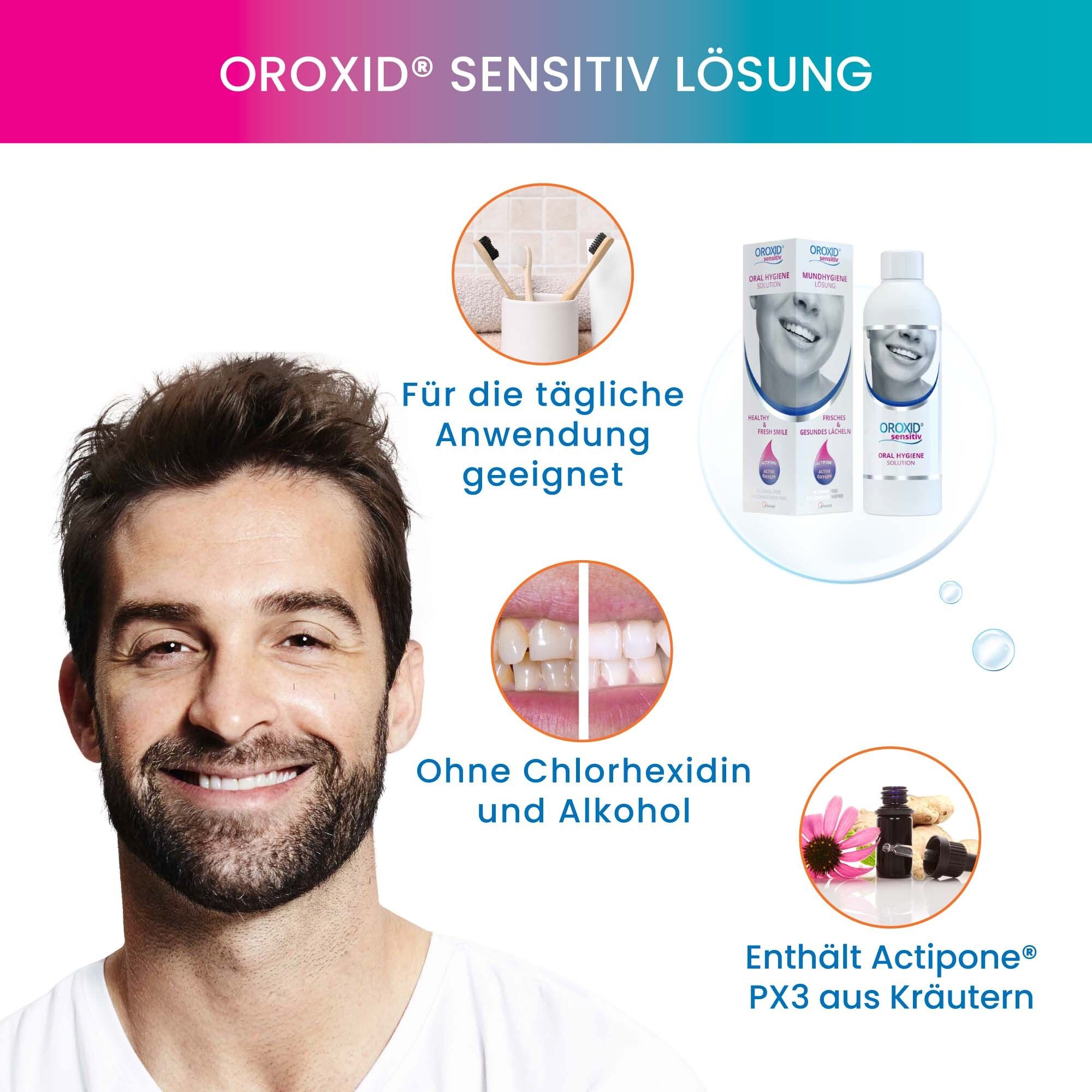 Mann mit OROXID® sensitiv. Flasche und Packung. Text: Für die tägliche Anwendung geeignet. Ohne Chlorhexidin und Alkohol.