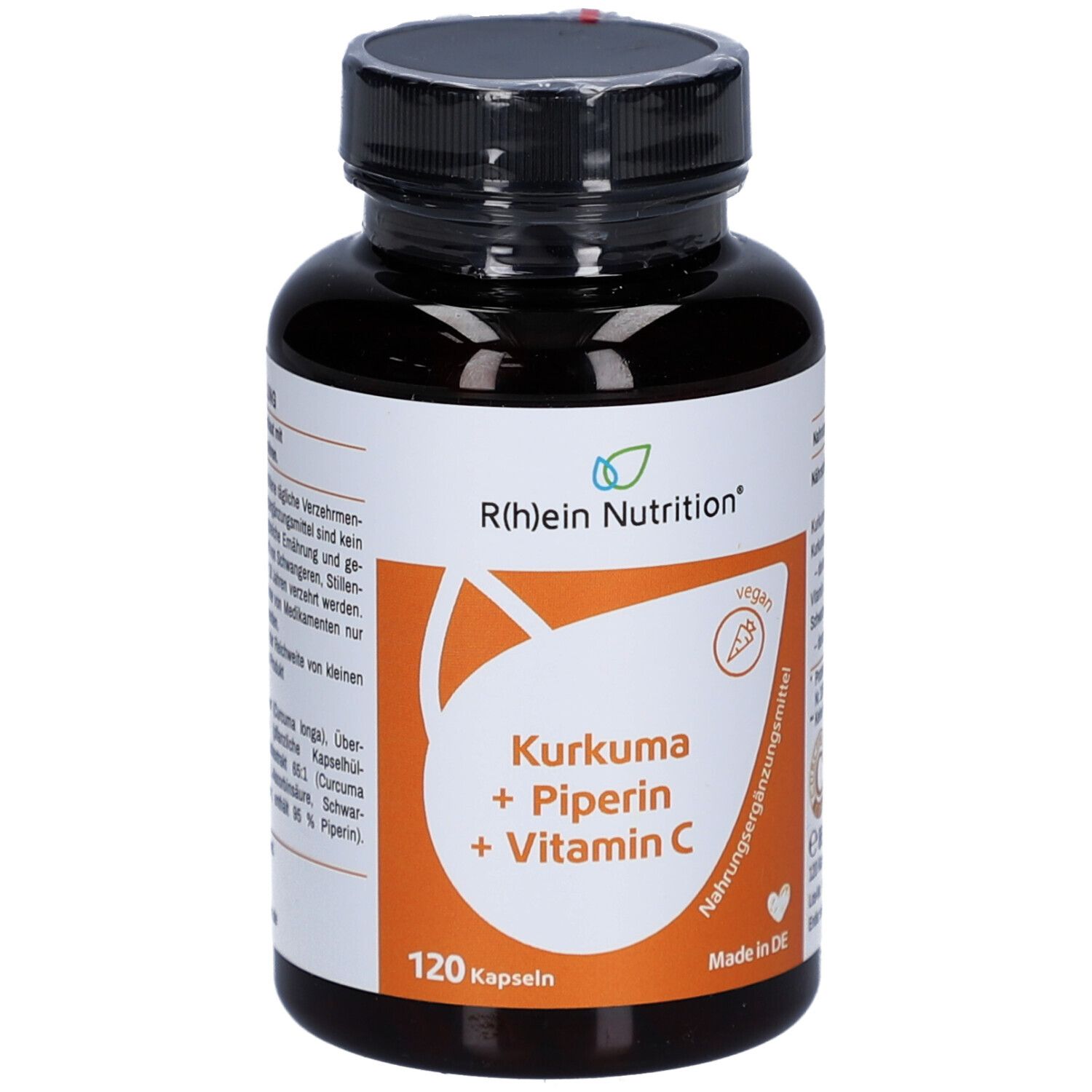 Braune Kapseln in einer Flasche mit schwarzem Deckel. Aufschrift: Kurkuma + Piperin + Vitamin C. Marke: R(h)ein Nutrition.